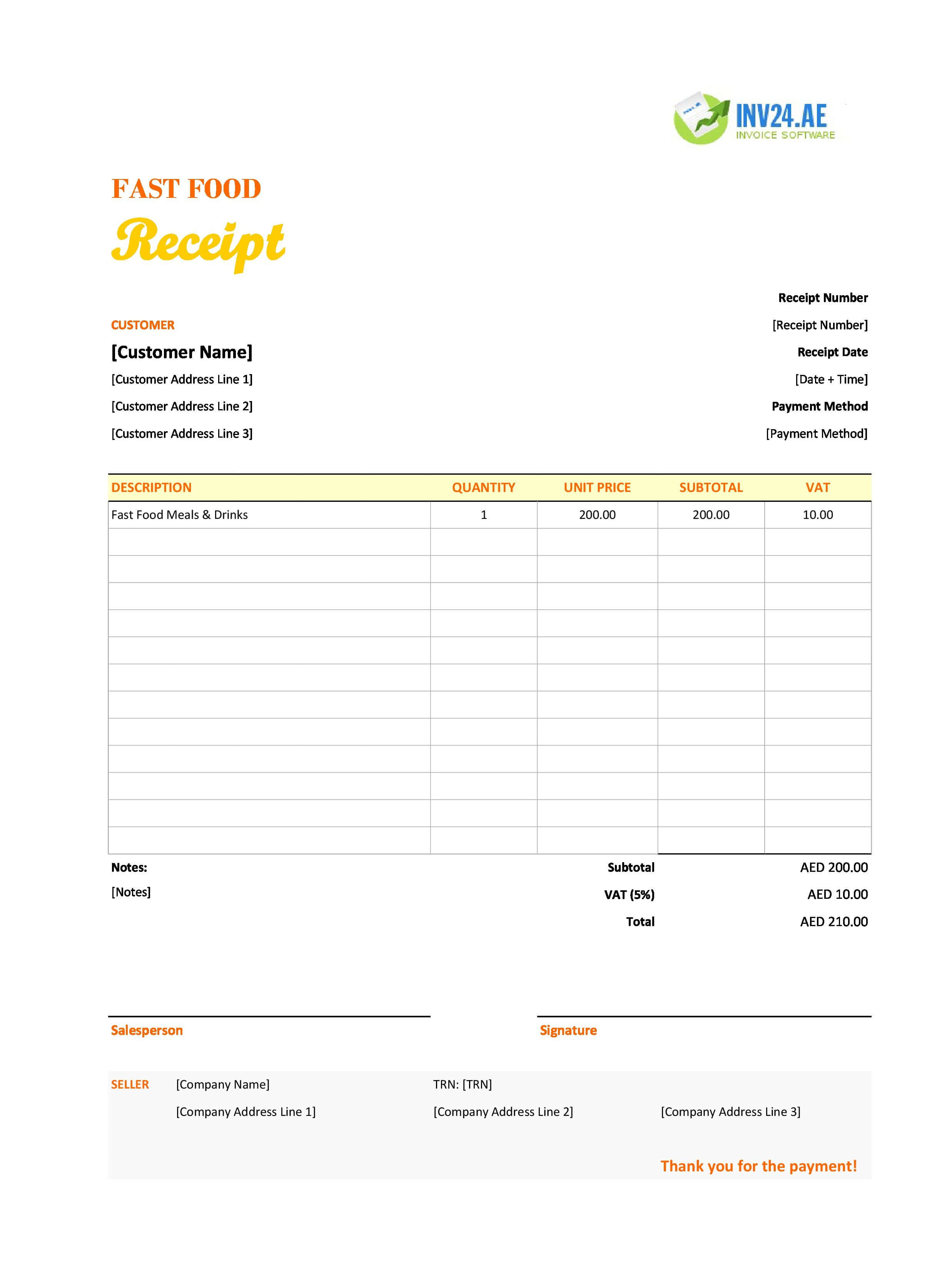 Fast Food Receipt Template for UAE (Excel / Google Sheets)