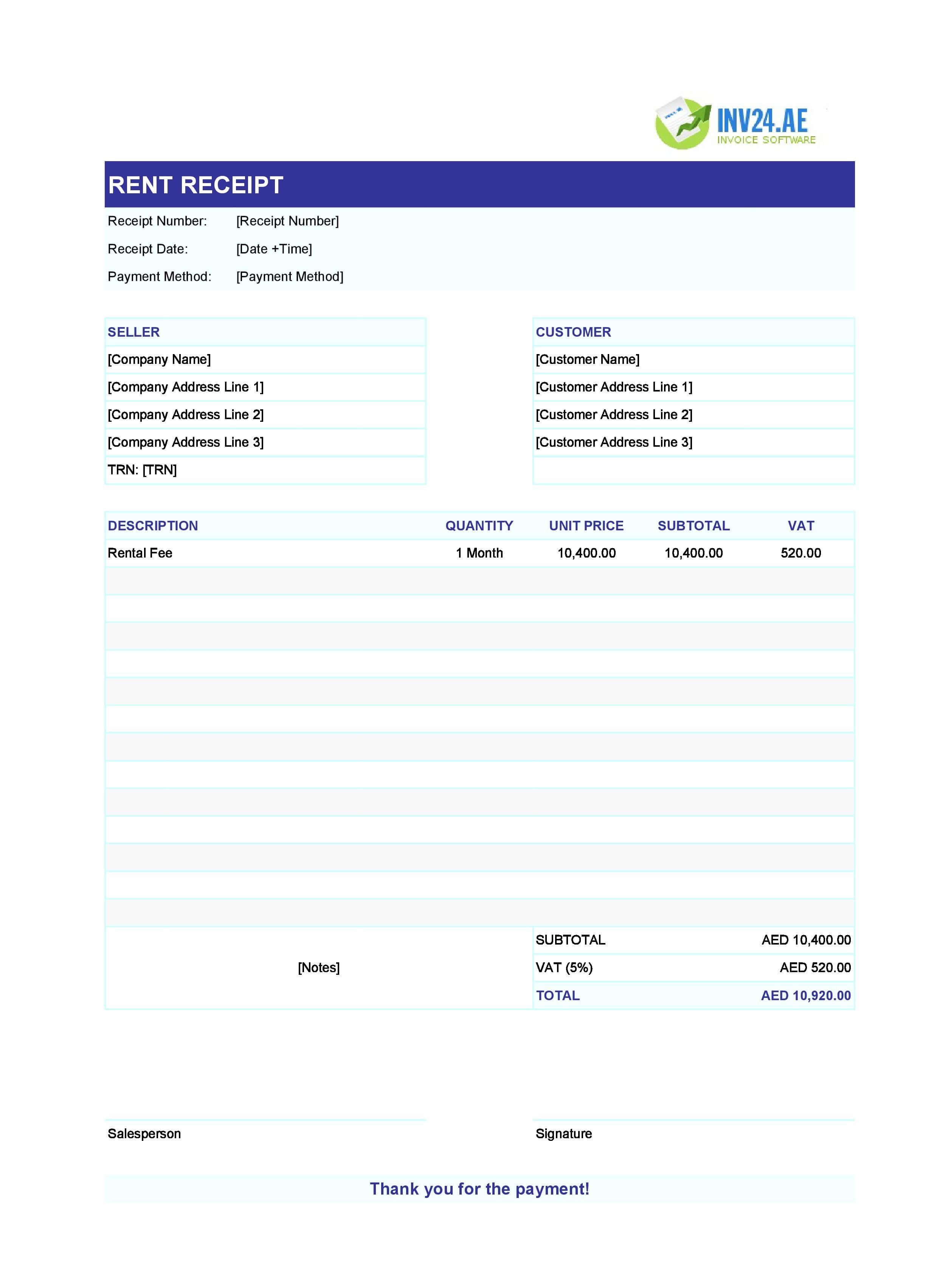 Free Rent Receipt Template for UAE (Excel / Google Sheets)