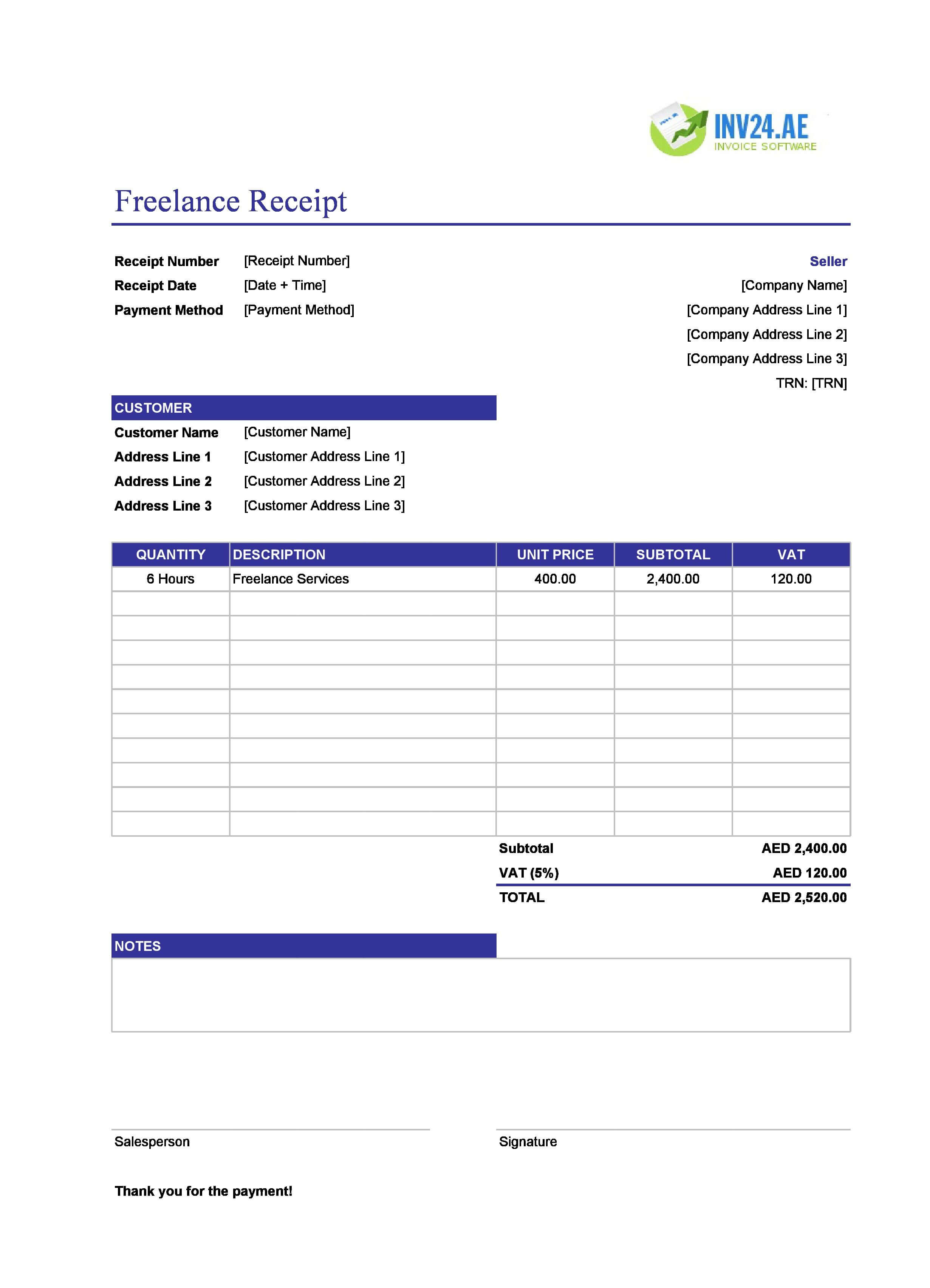 Freelance Receipt Template for UAE (Excel / Google Sheets)