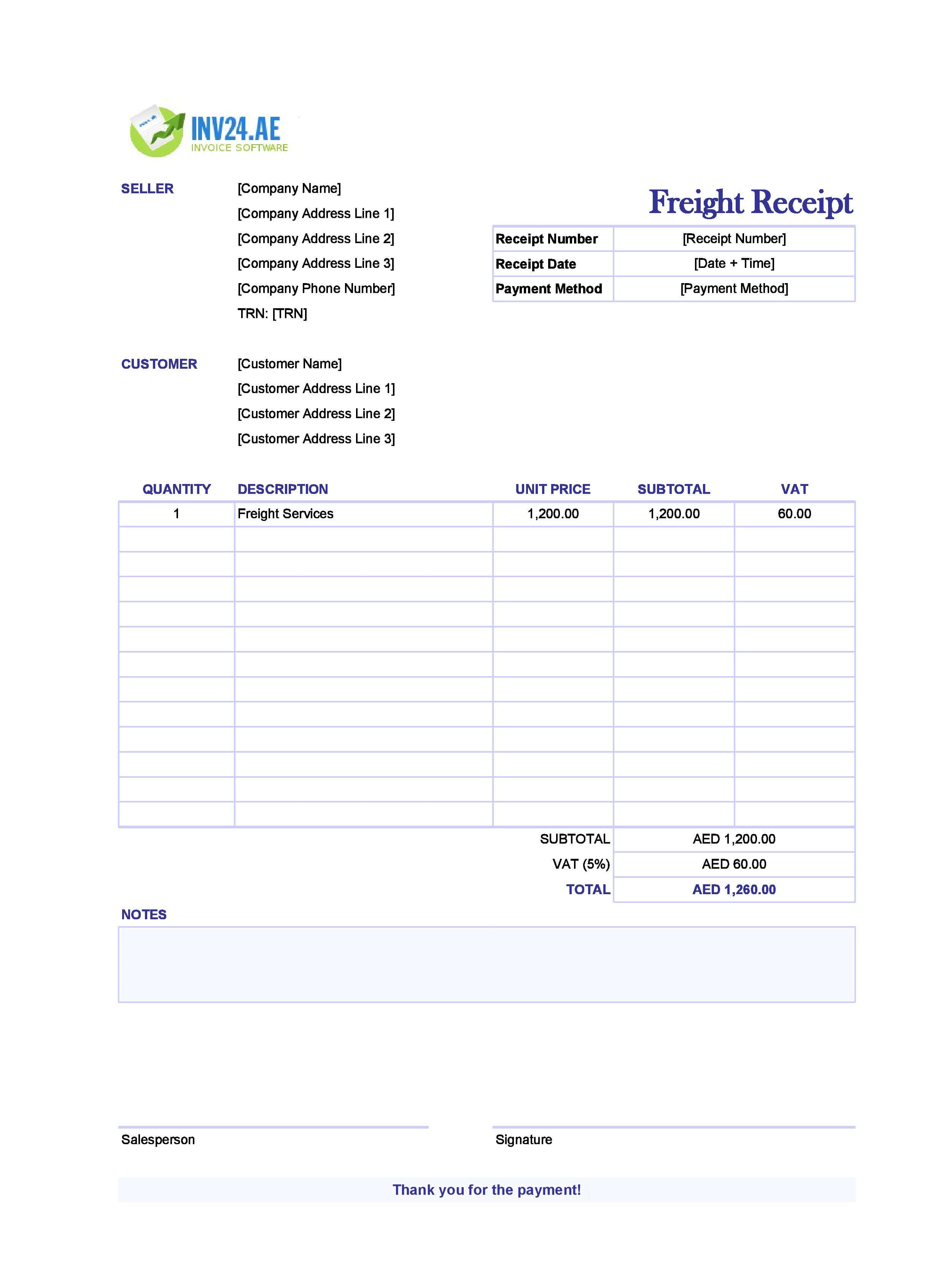Freight Receipt Template for UAE (Excel / Google Sheets)