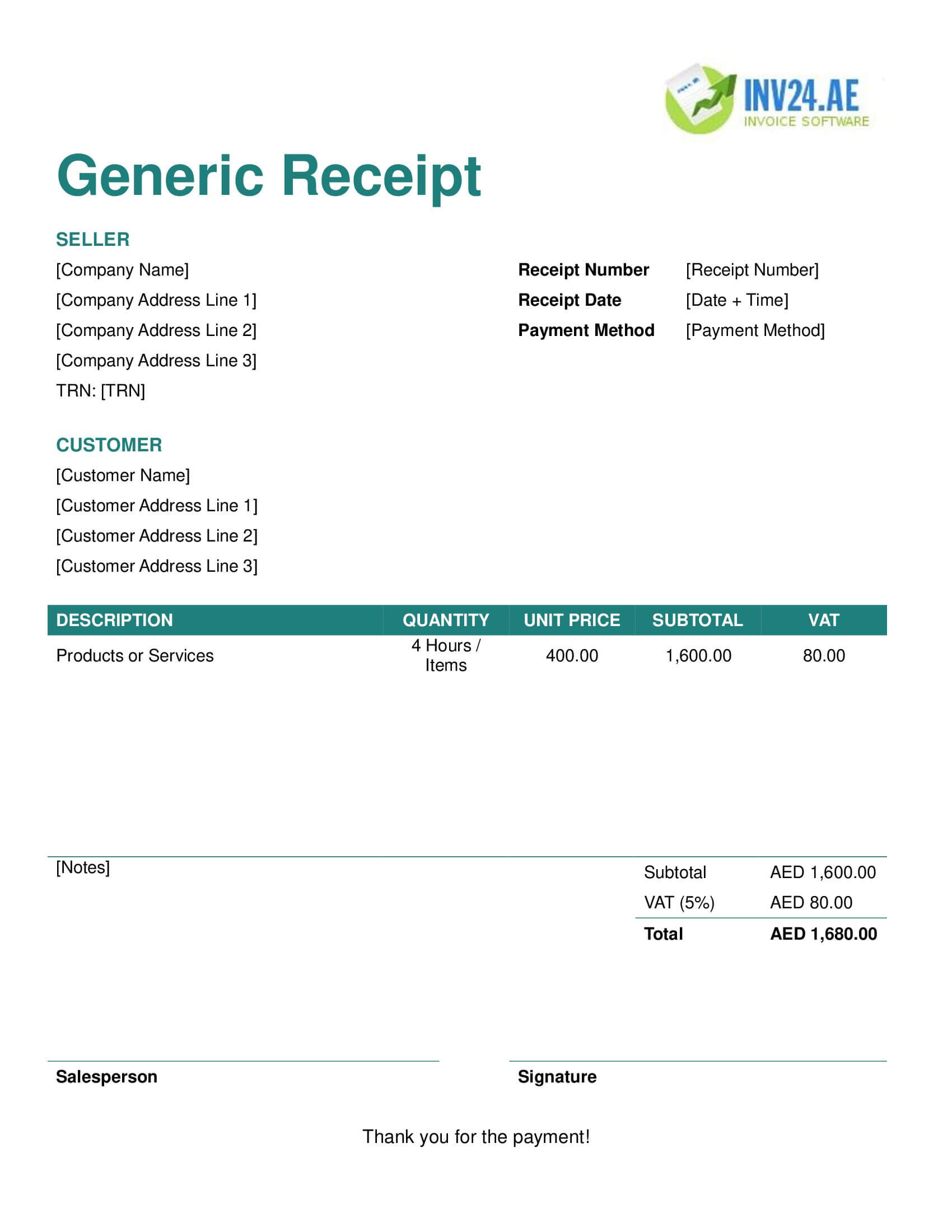 Generic Receipt Template for UAE (Word / Google Docs)