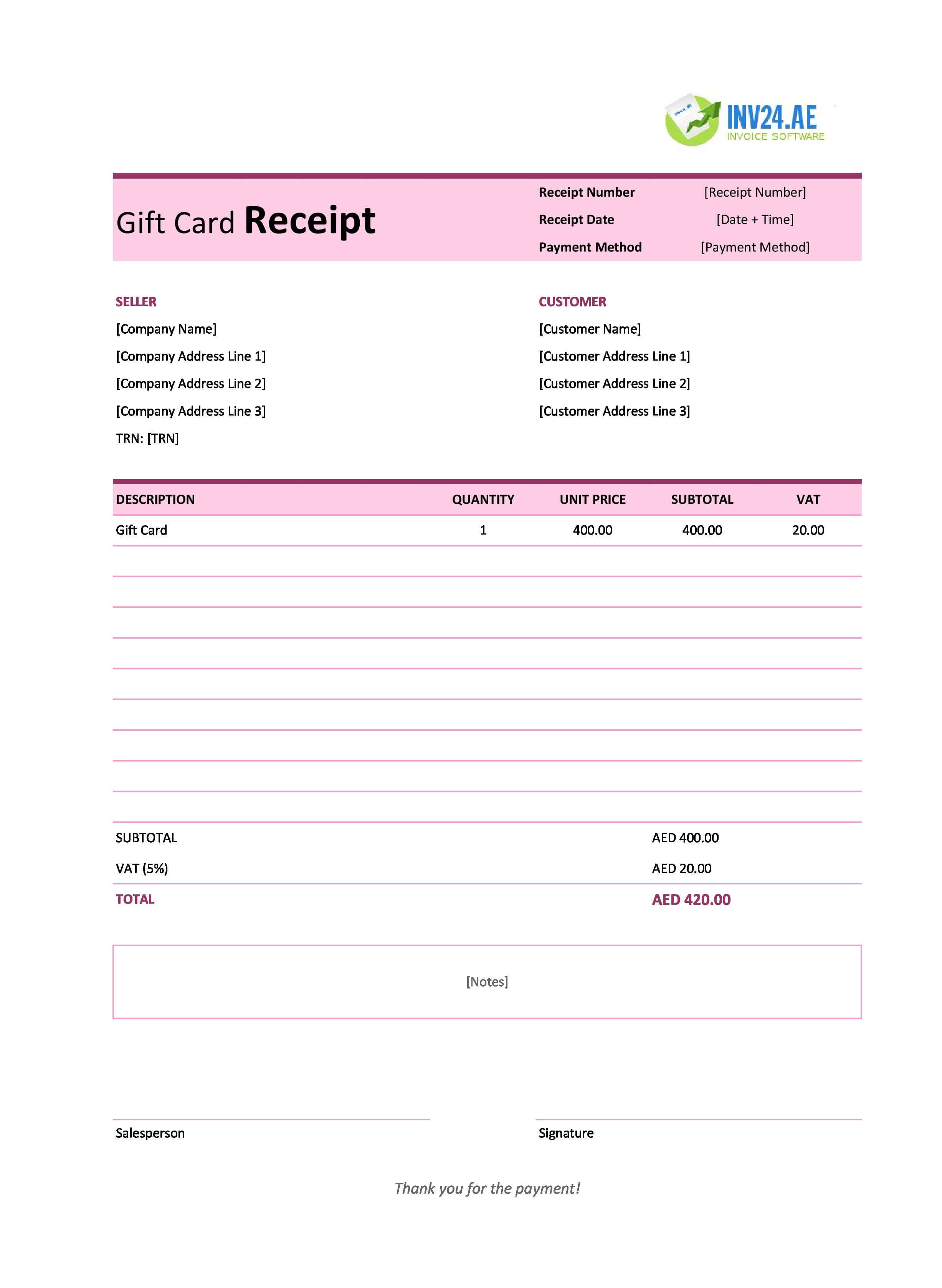 Gift Card Receipt Template for UAE (Excel / Google Sheets)