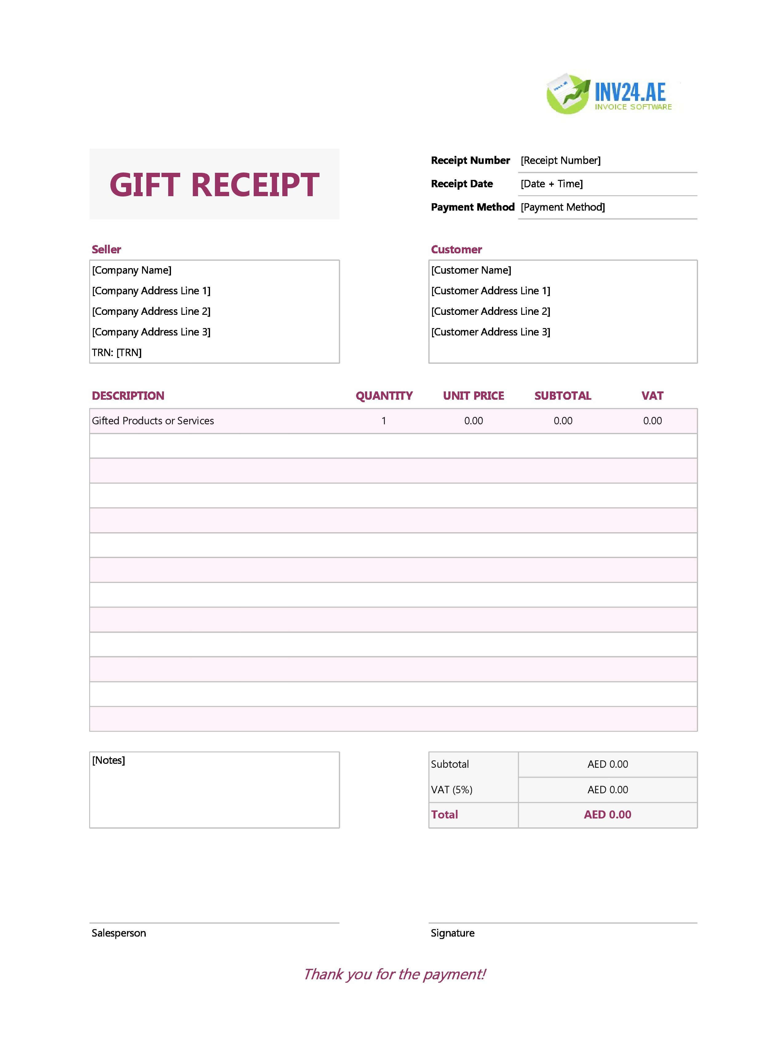 Gift Receipt Template for UAE (Excel / Google Sheets)