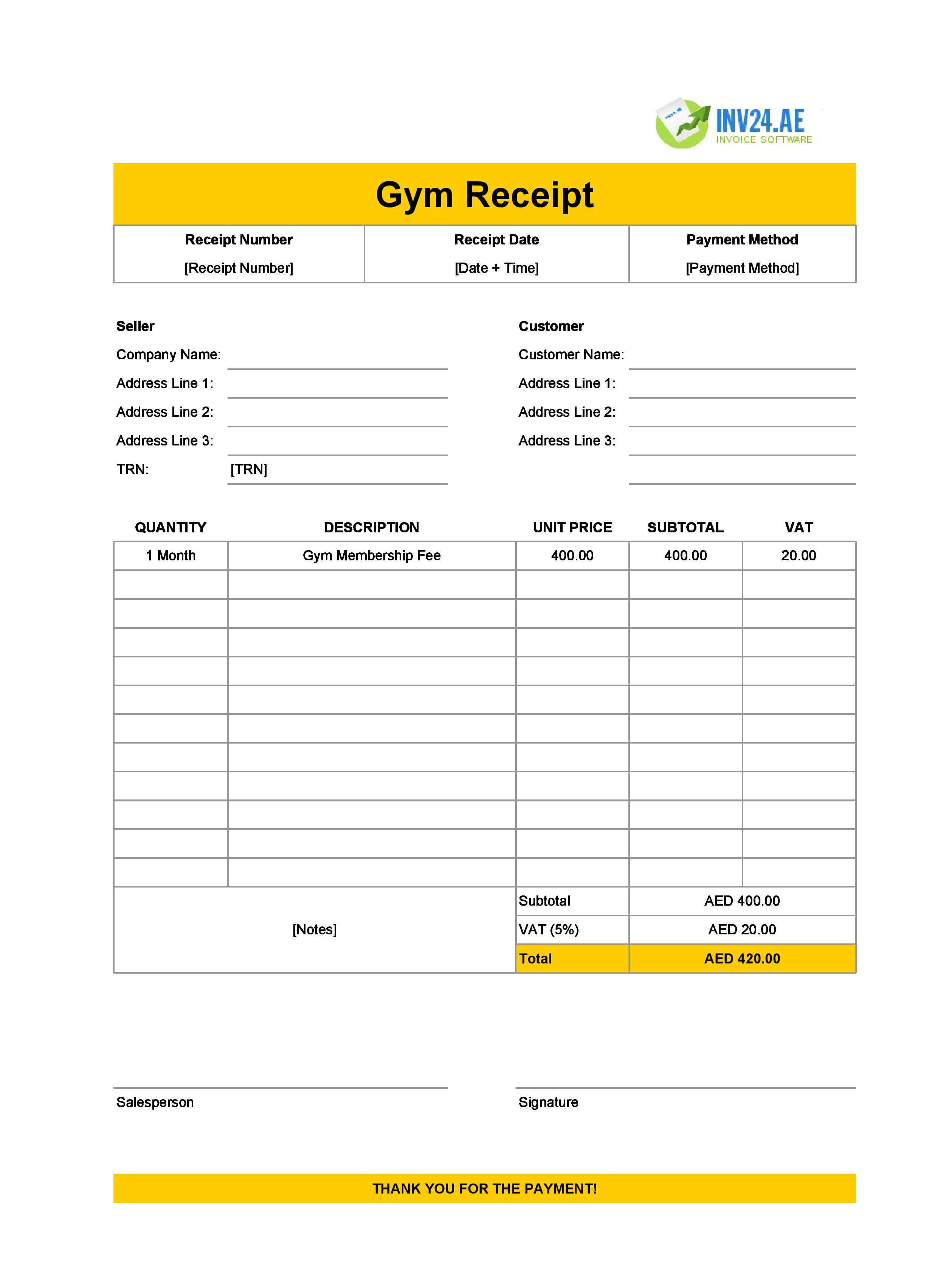 Gym Receipt Template for UAE (Excel / Google Sheets)