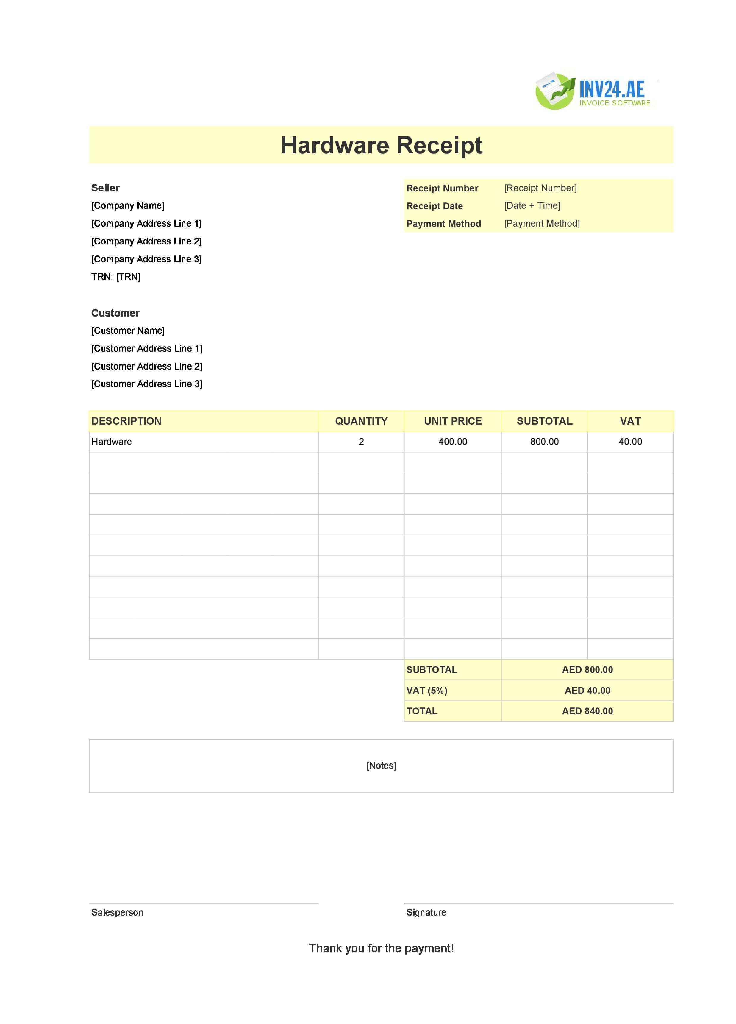 Hardware Receipt Template for UAE (Excel / Google Sheets)