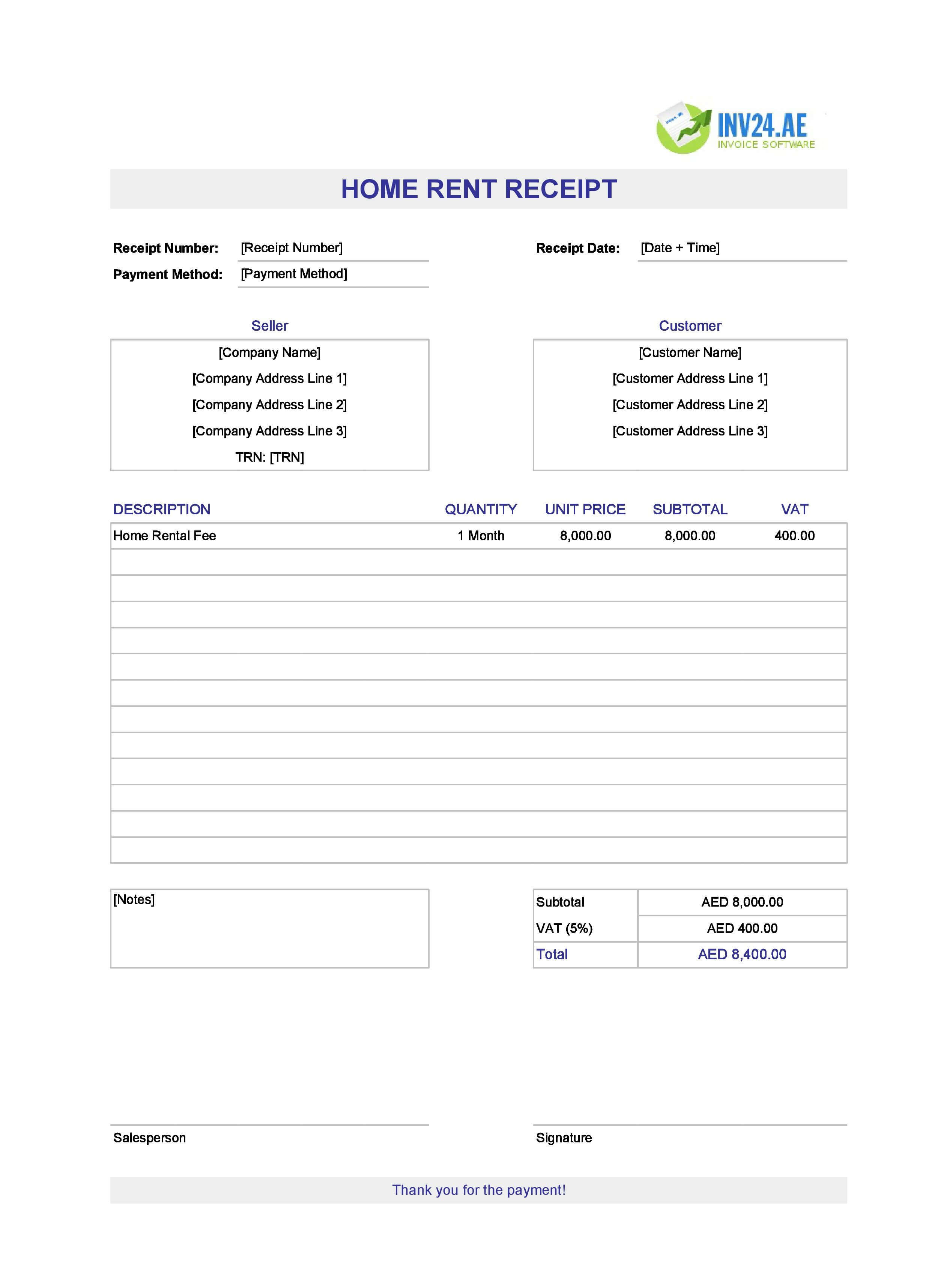 Home Rent Receipt Template for UAE (Excel / Google Sheets)