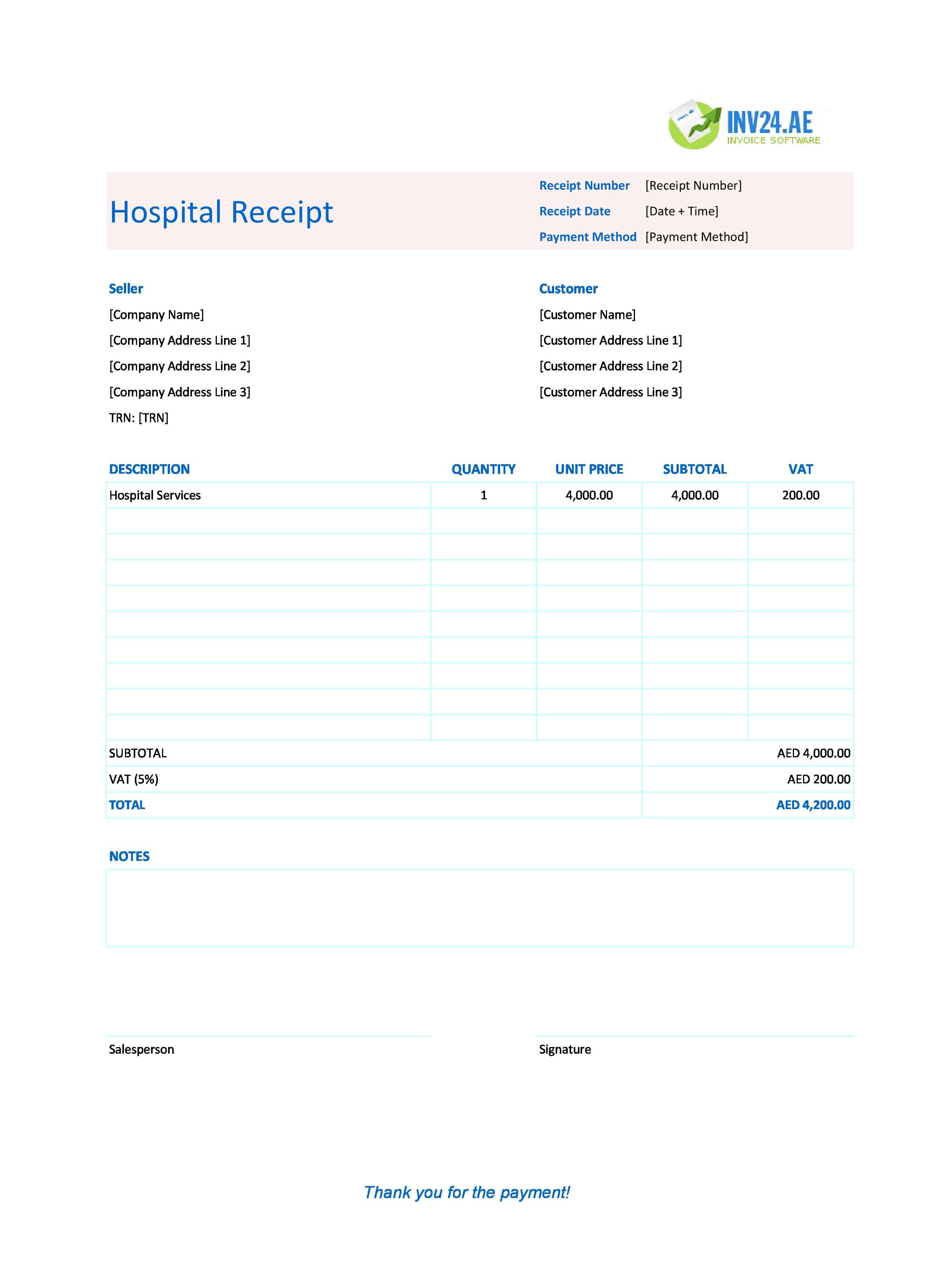 Hospital Receipt Template for UAE (Excel / Google Sheets)