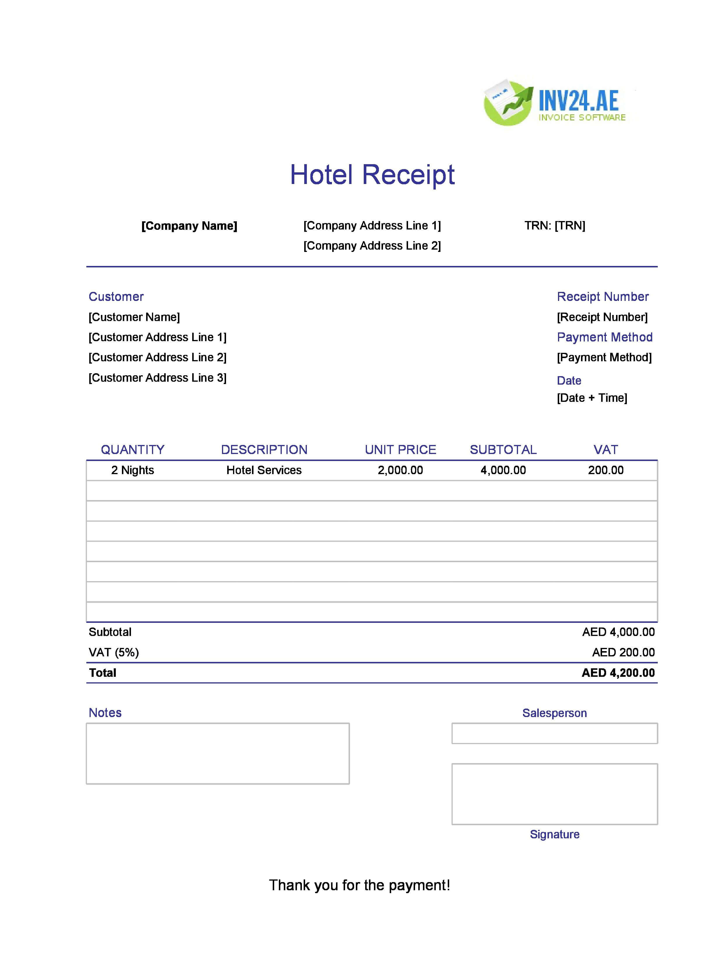 Hotel Receipt Template for UAE (Excel / Google Sheets)