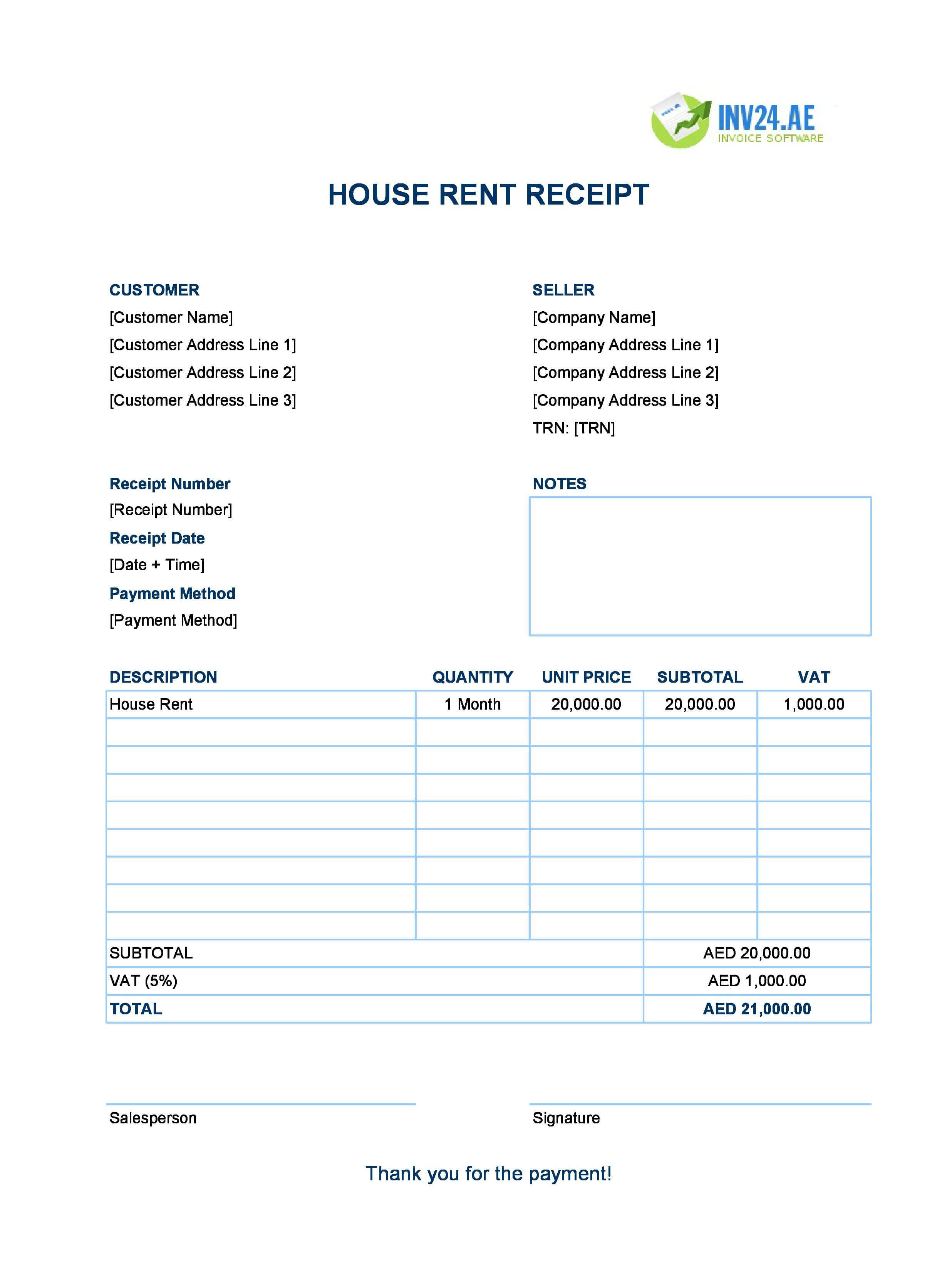 House Rent Receipt Template for UAE (Excel / Google Sheets)