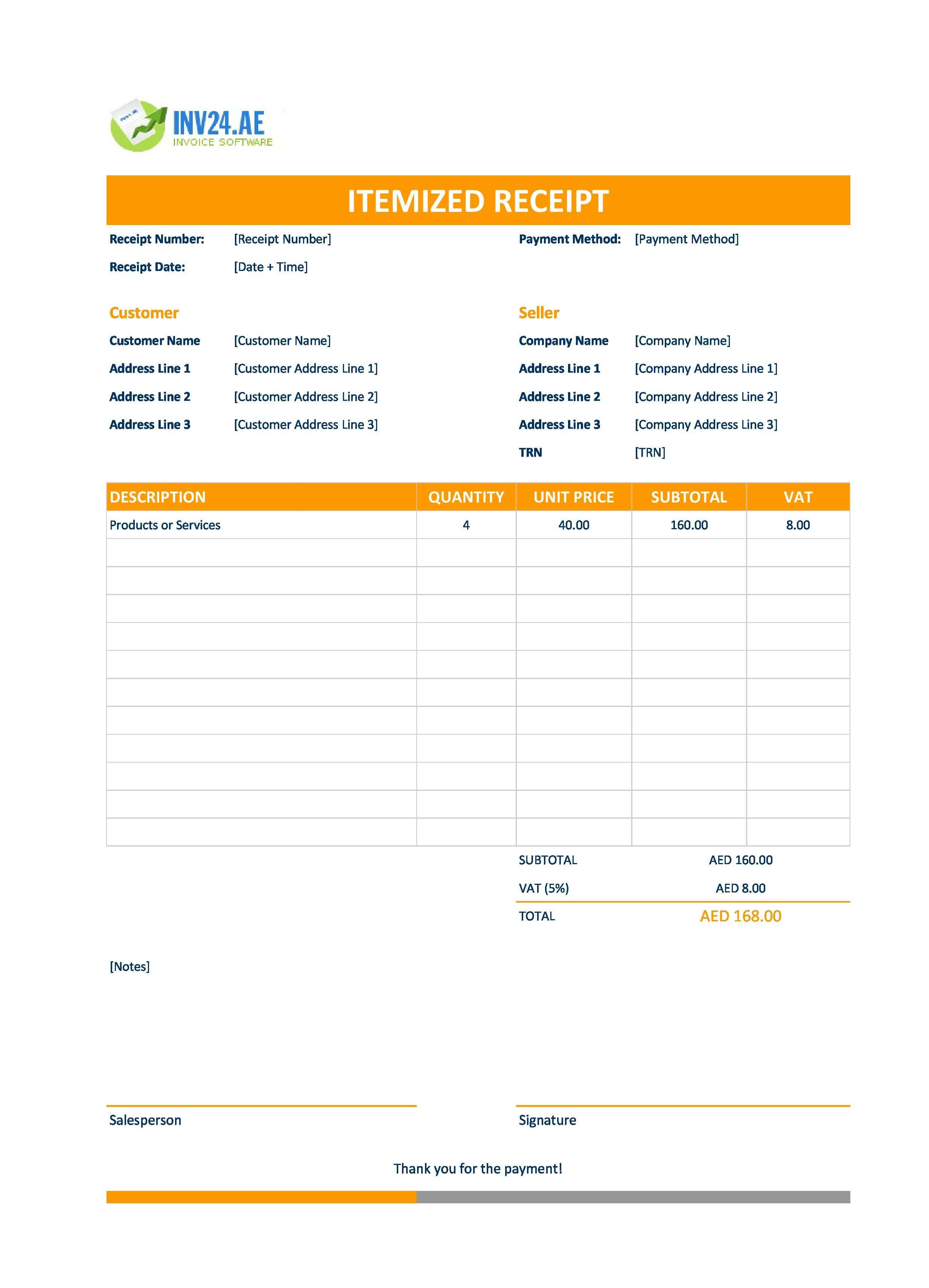 Itemized Receipt Template for UAE (Excel / Google Sheets)