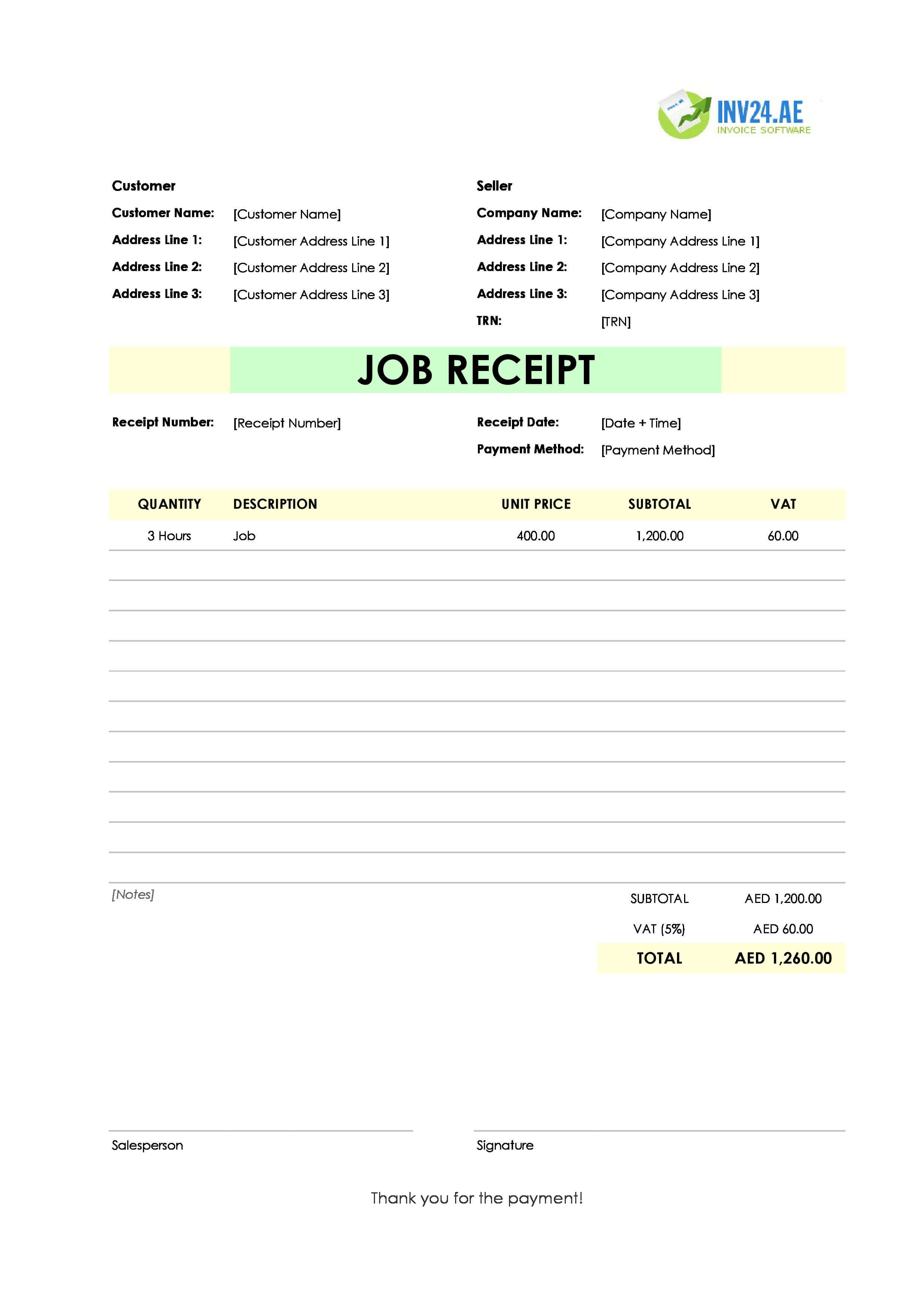 Job Receipt Template for UAE (Excel / Google Sheets)