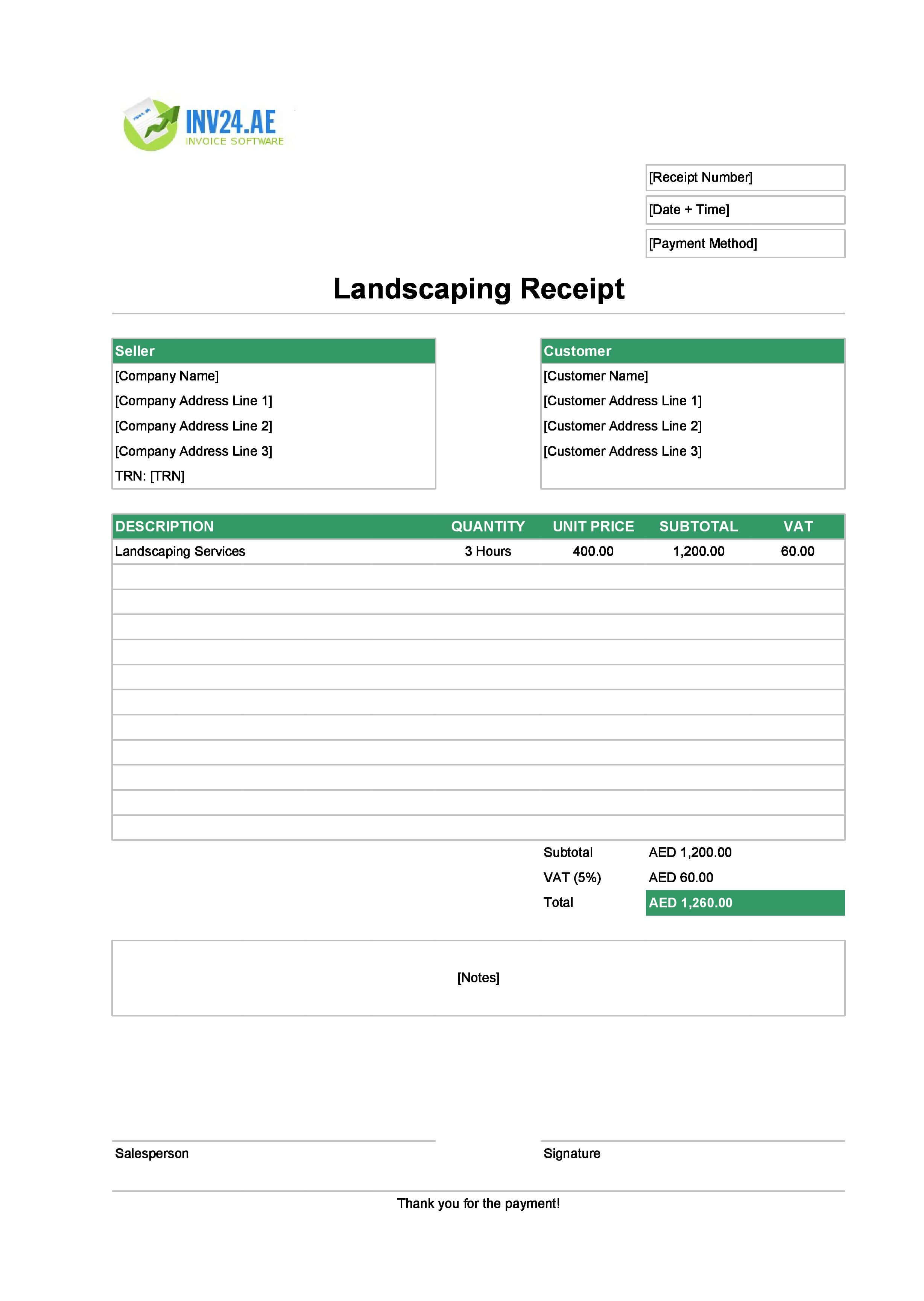 Landscaping Receipt Template for UAE (Excel / Google Sheets)