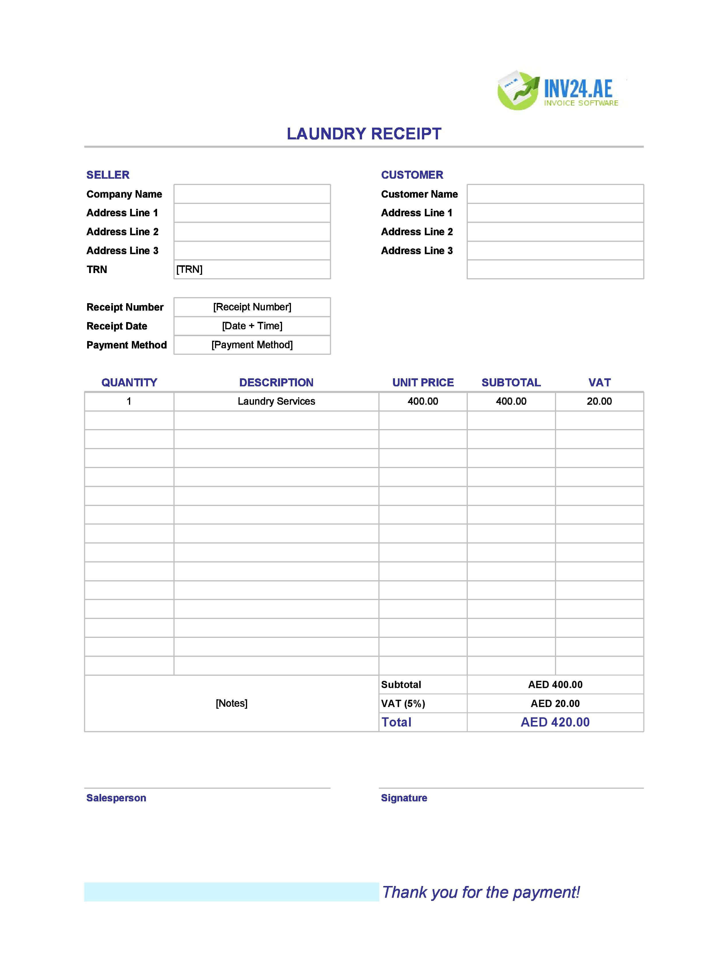 Laundry Receipt Template for UAE (Excel / Google Sheets)