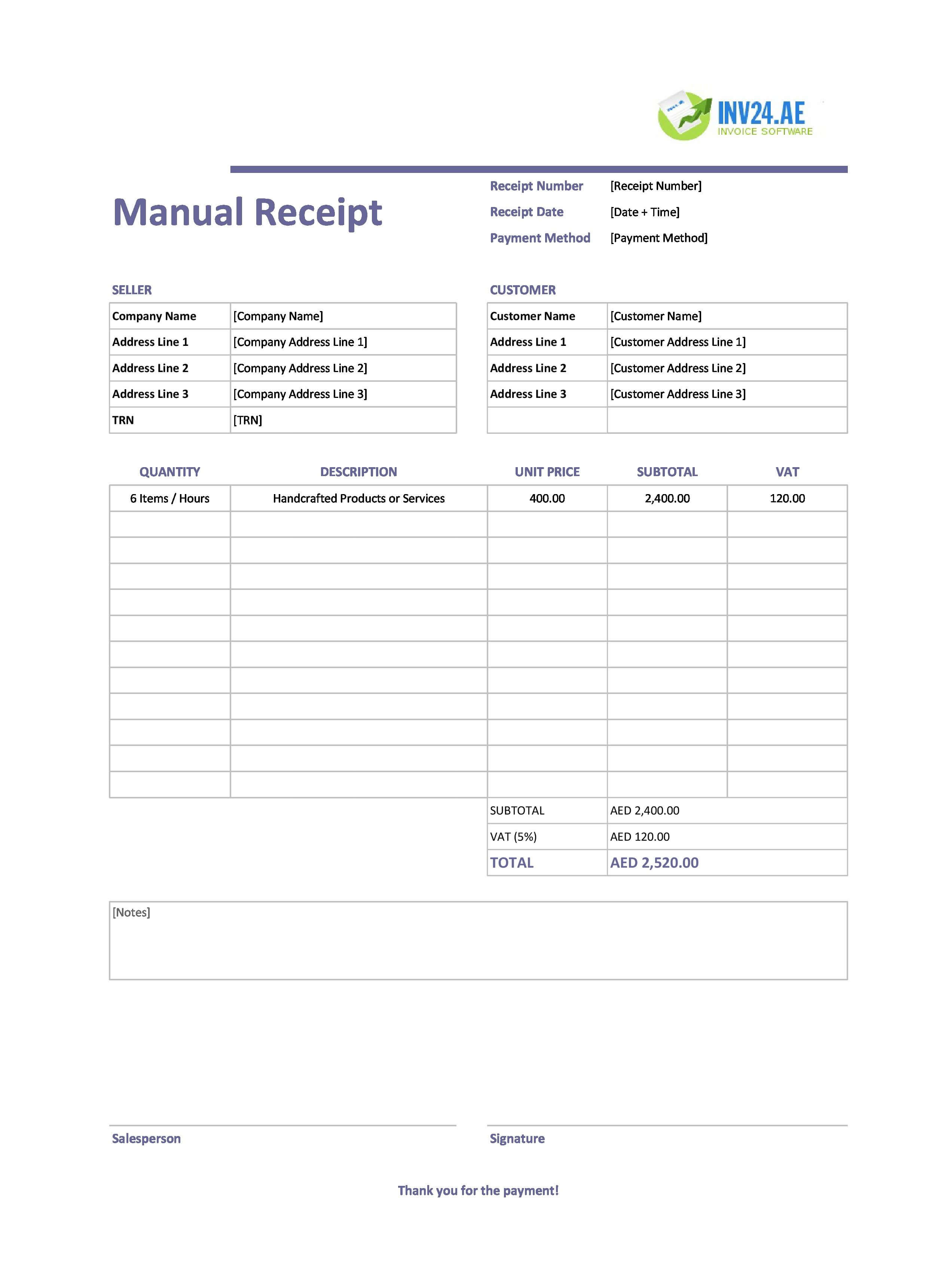 Manual Receipt Template for UAE (Excel / Google Sheets)
