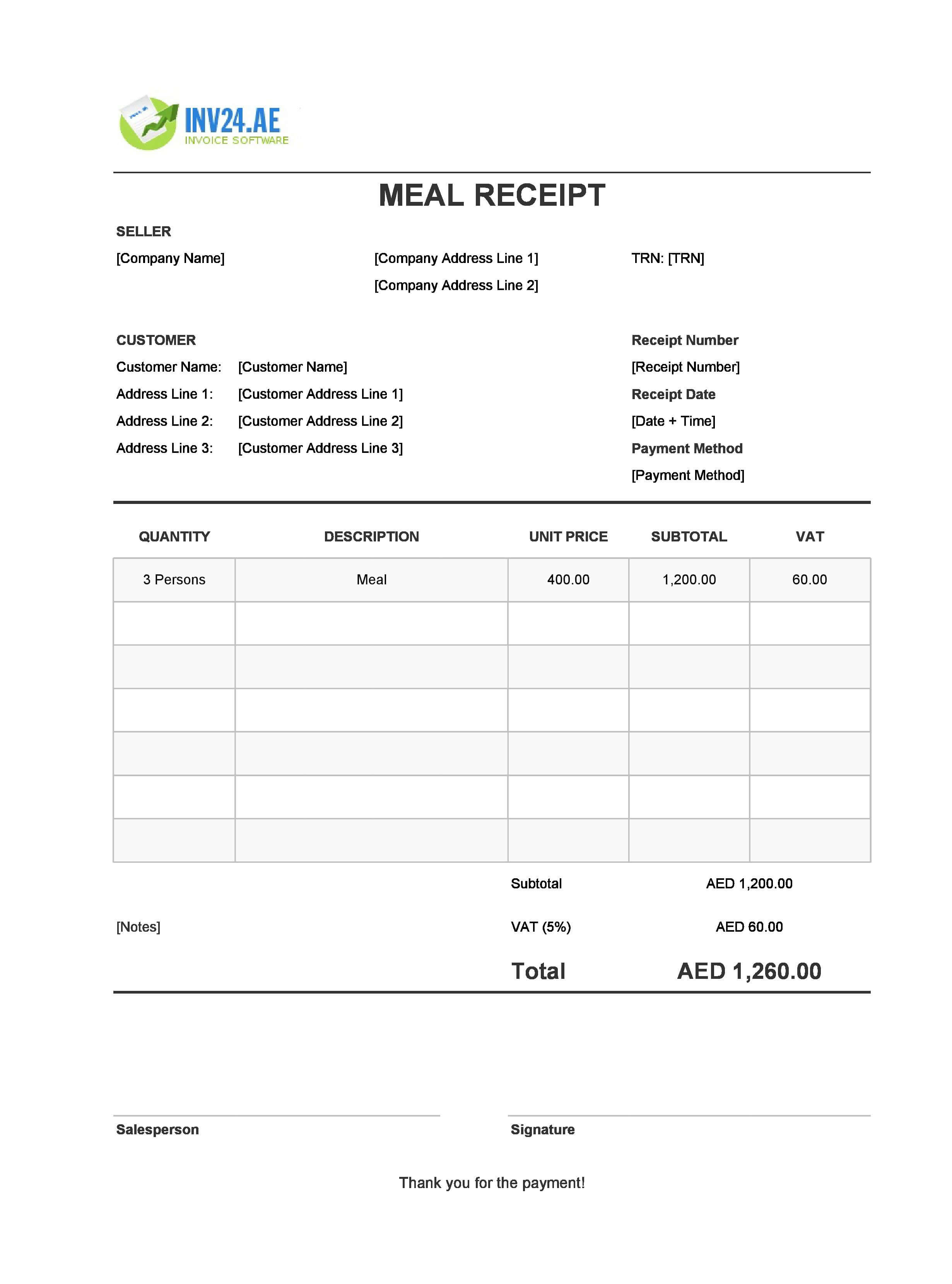 Meal Receipt Template for UAE (Excel / Google Sheets)