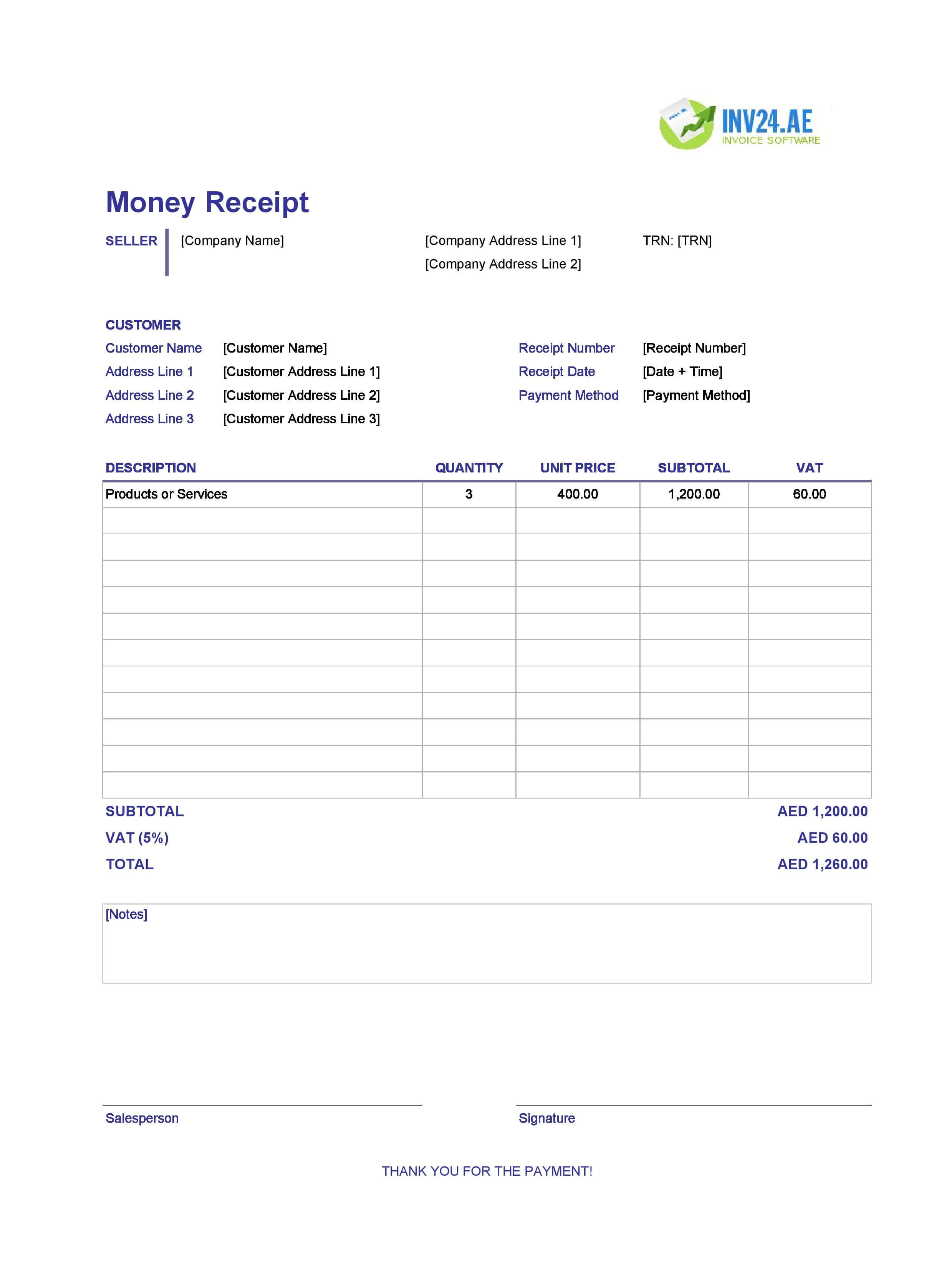 Money Receipt Template for UAE (Excel / Google Sheets)