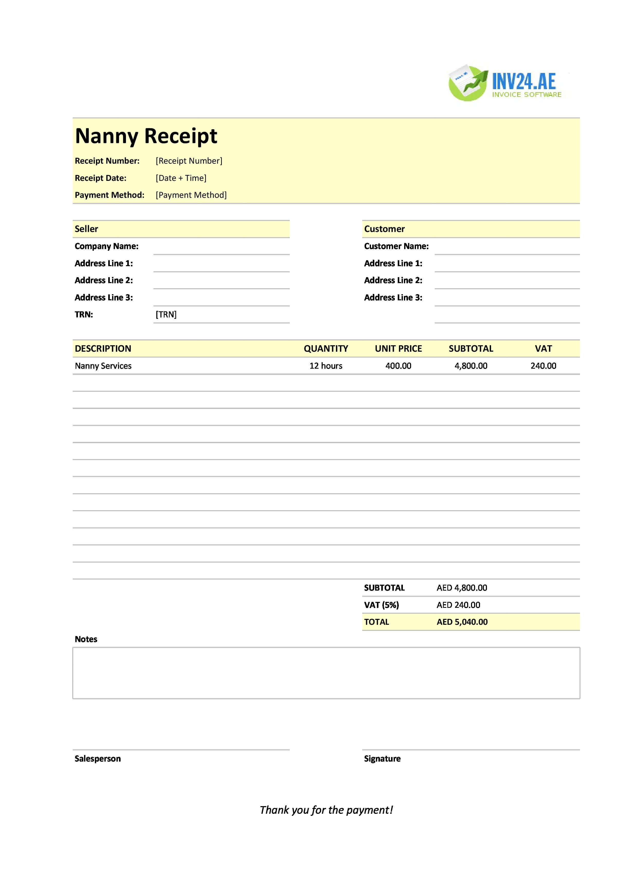 Nanny Receipt Template for UAE (Excel / Google Sheets)