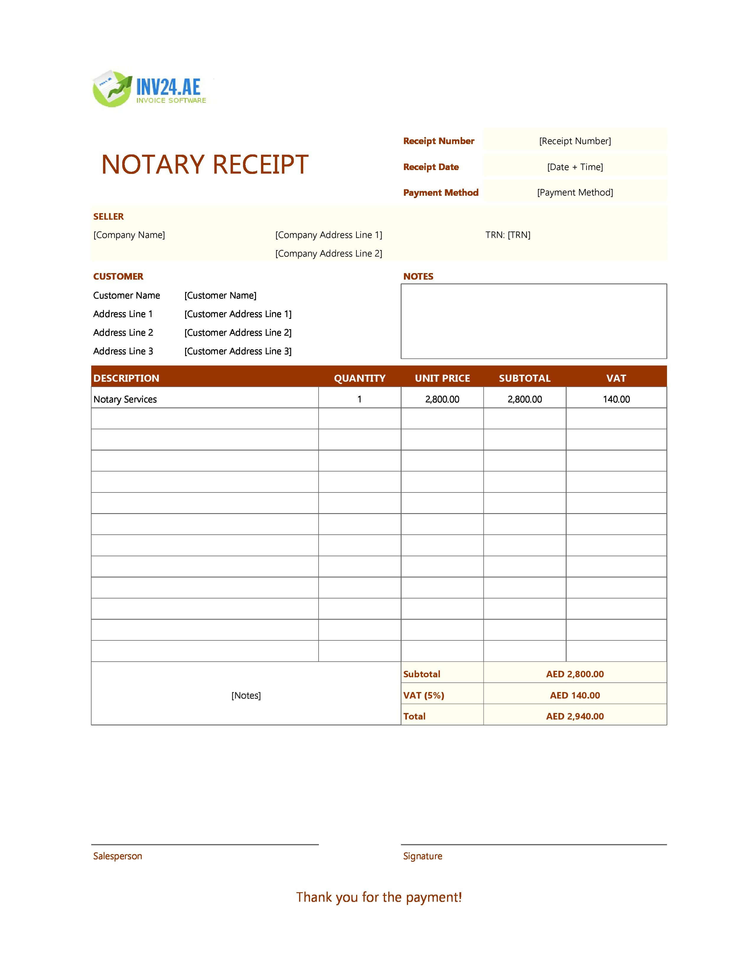 Notary Receipt Template for UAE (Excel / Google Sheets)