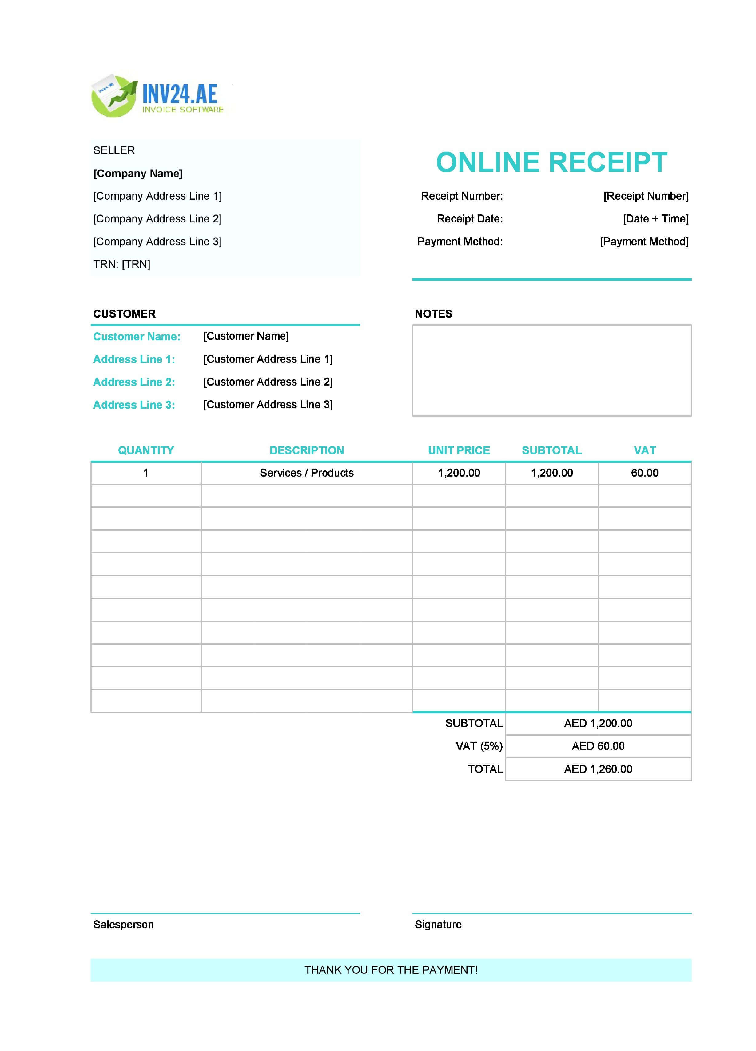 Online Receipt Template for UAE (Excel / Google Sheets)