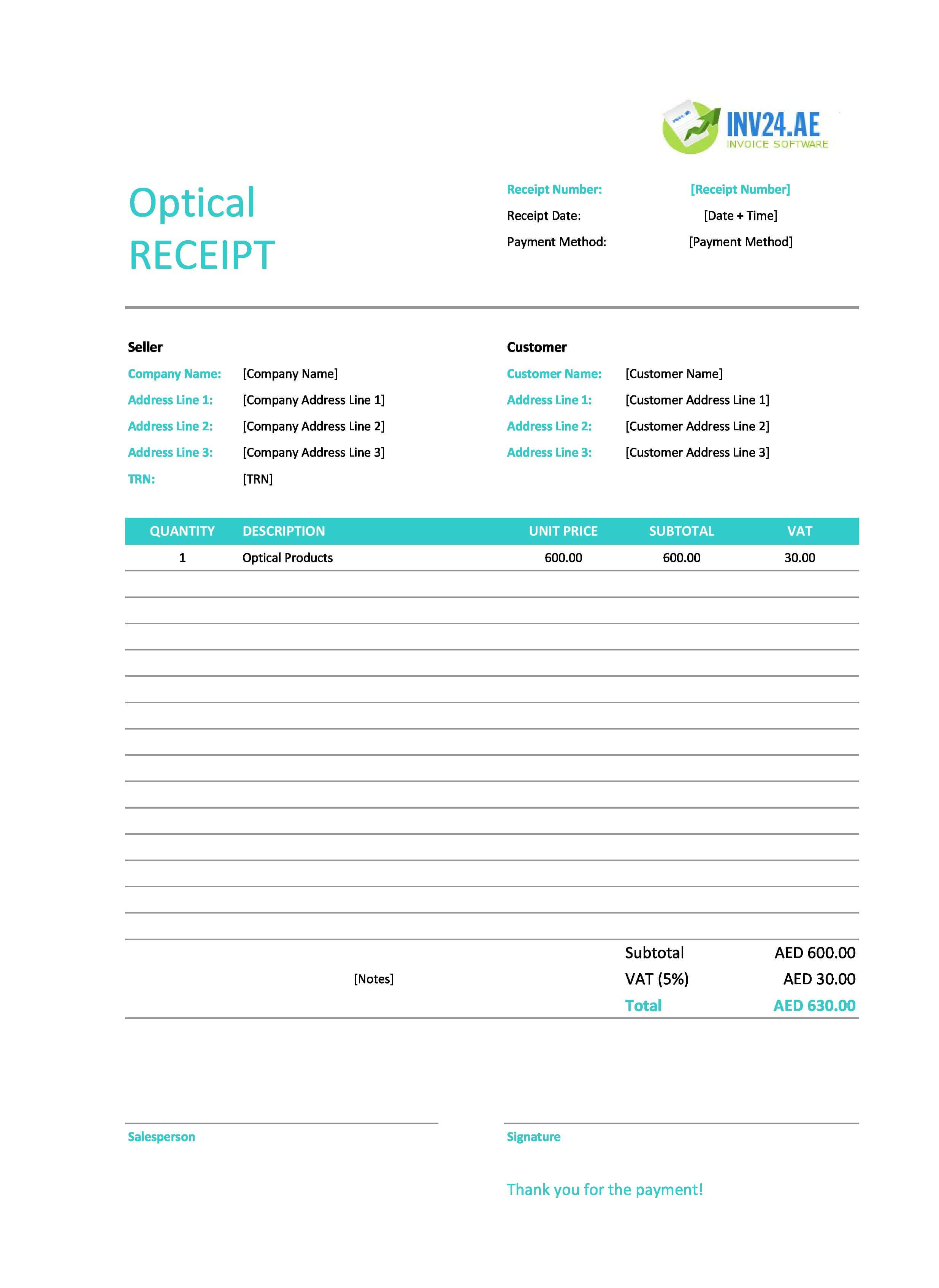 Optical Receipt Template for UAE (Excel / Google Sheets)