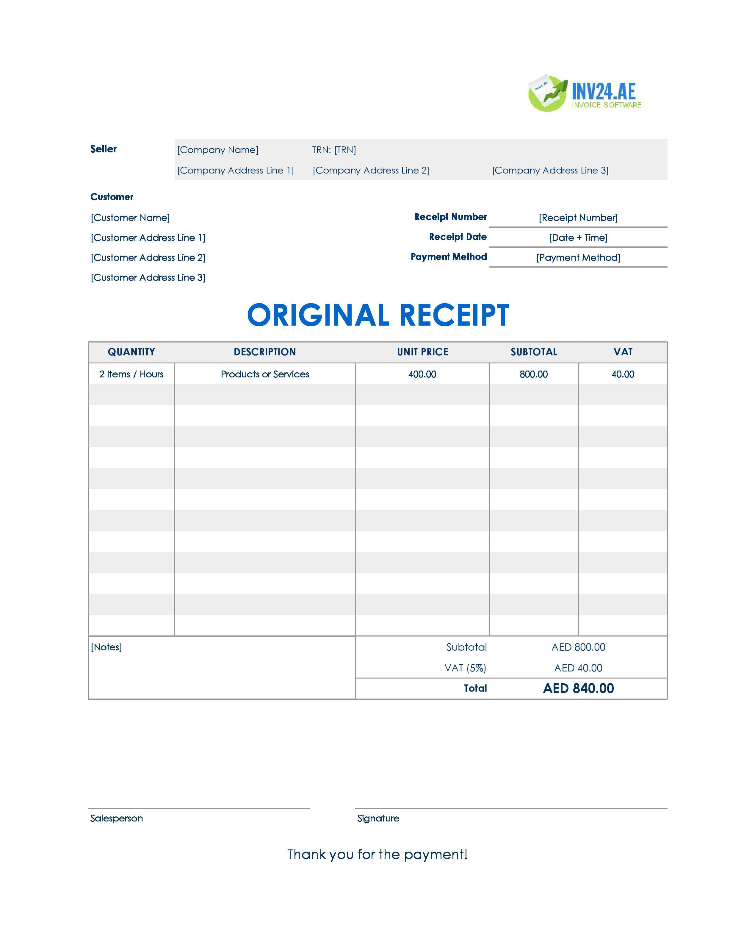 Original Receipt Template for UAE (Excel / Google Sheets)