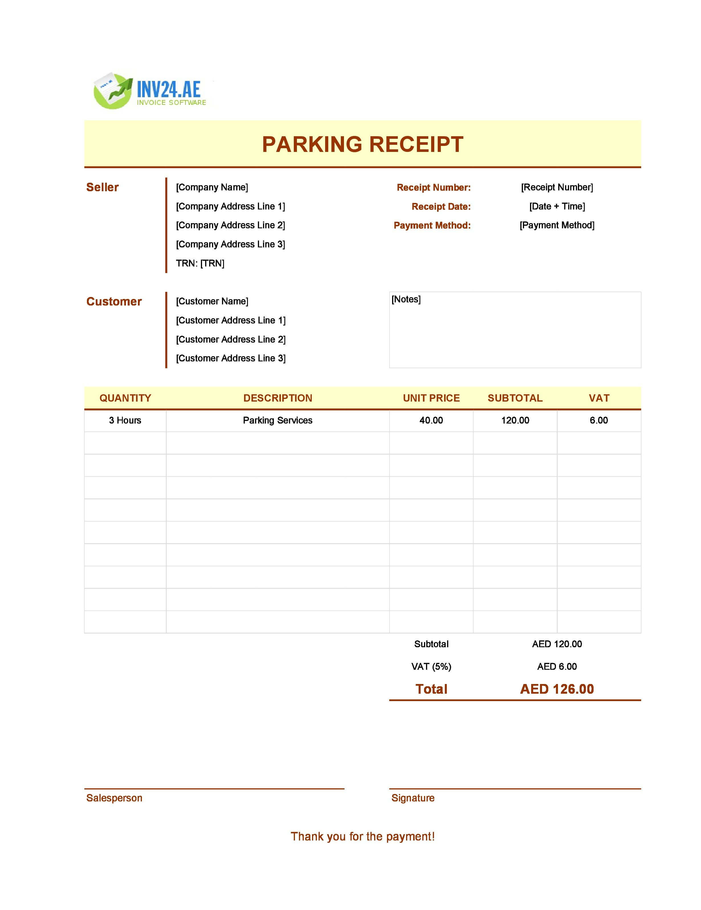 Parking Receipt Template for UAE (Excel / Google Sheets)