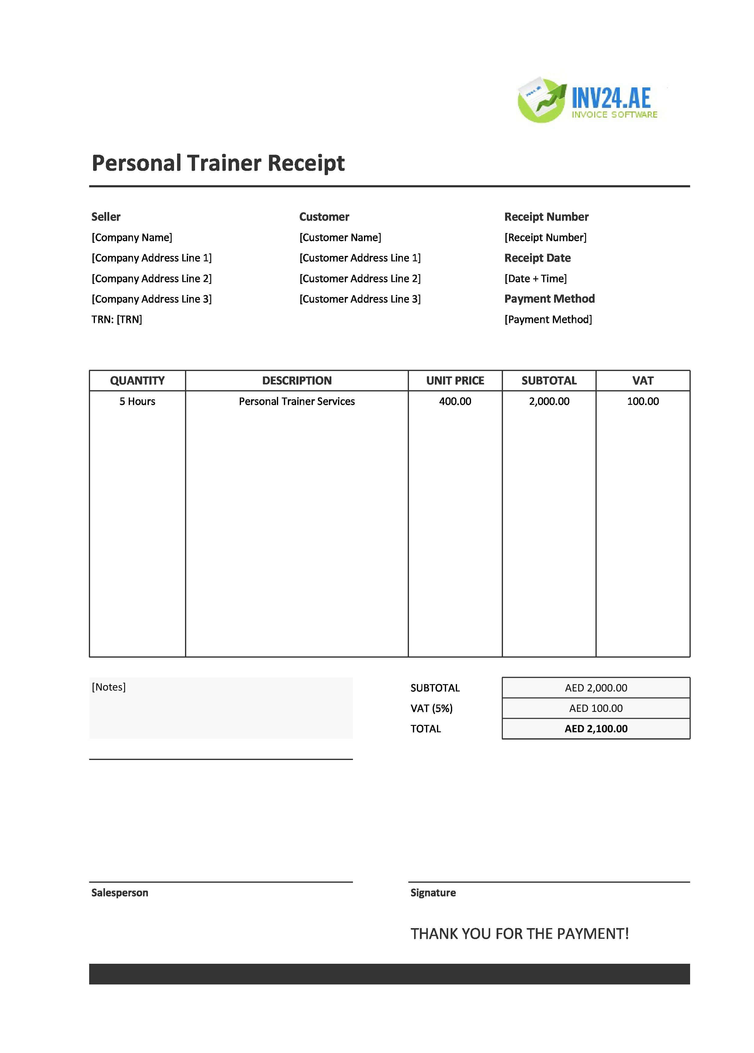 Personal Trainer Receipt Template for UAE (Excel / Google Sheets)