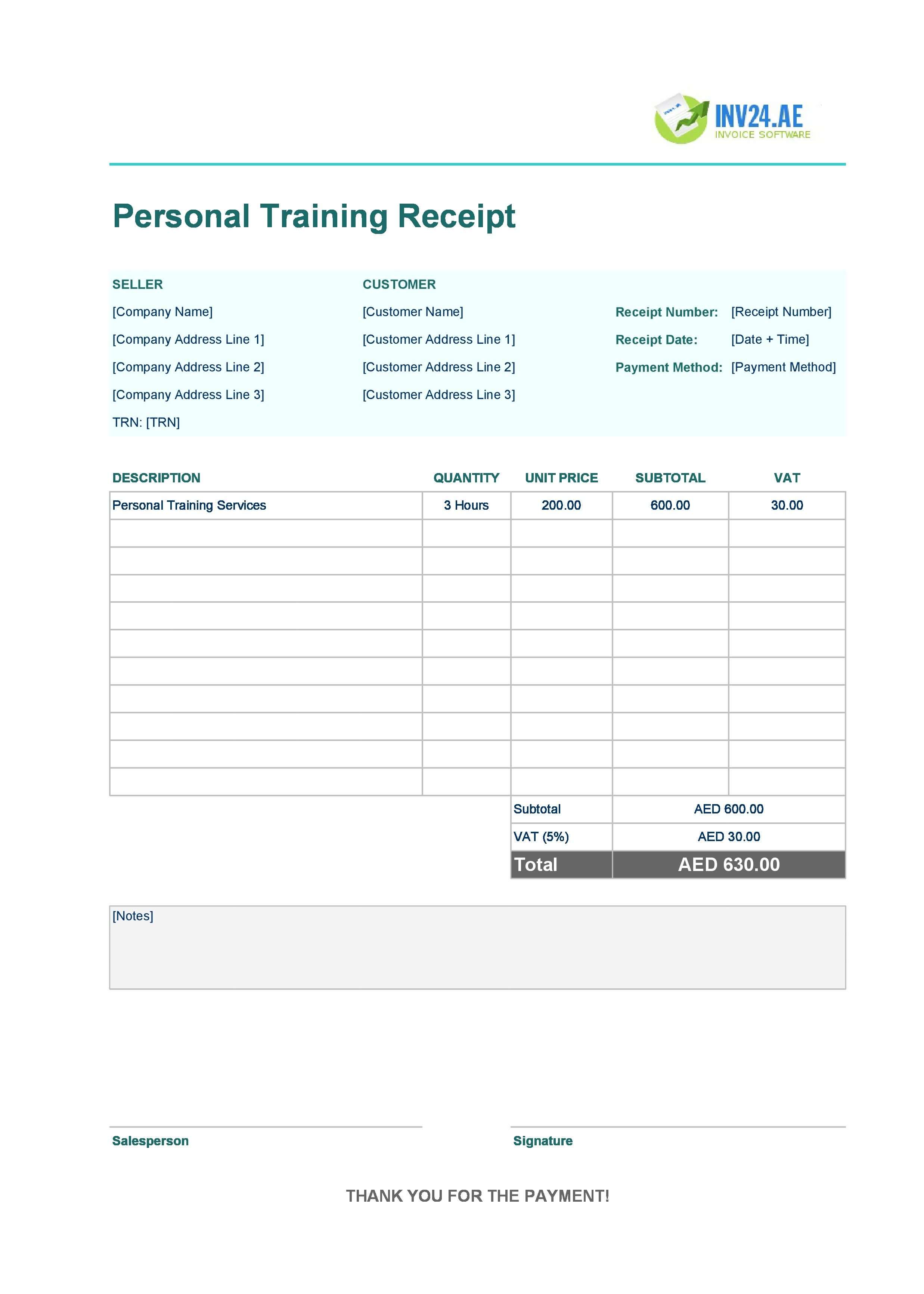 Personal Training Receipt Template for UAE (Excel / Google Sheets)