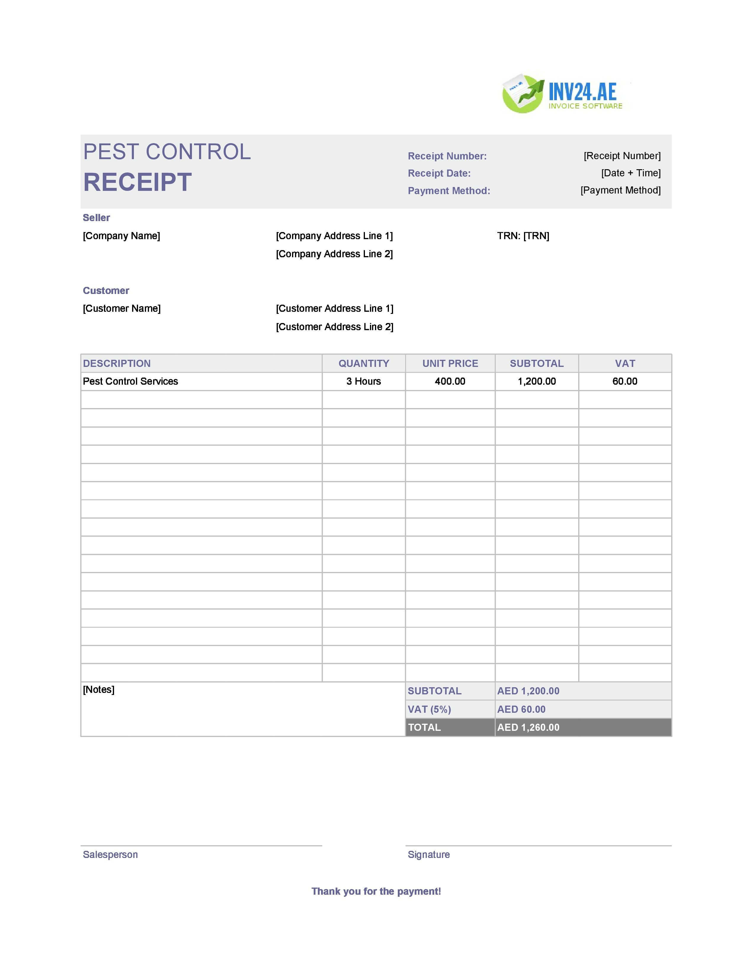 Pest Control Receipt Template for UAE (Excel / Google Sheets)