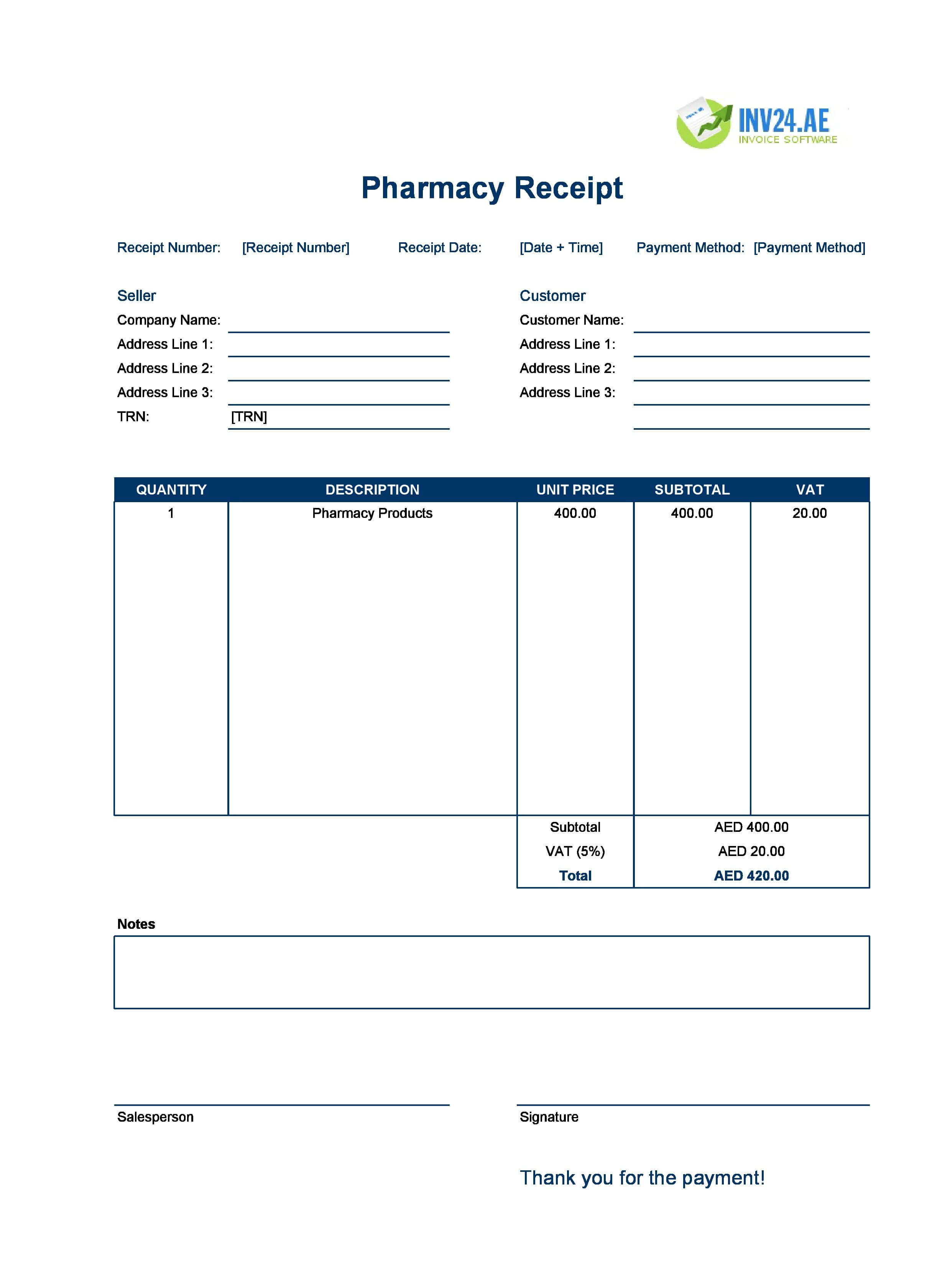 Pharmacy Receipt Template for UAE (Excel / Google Sheets)