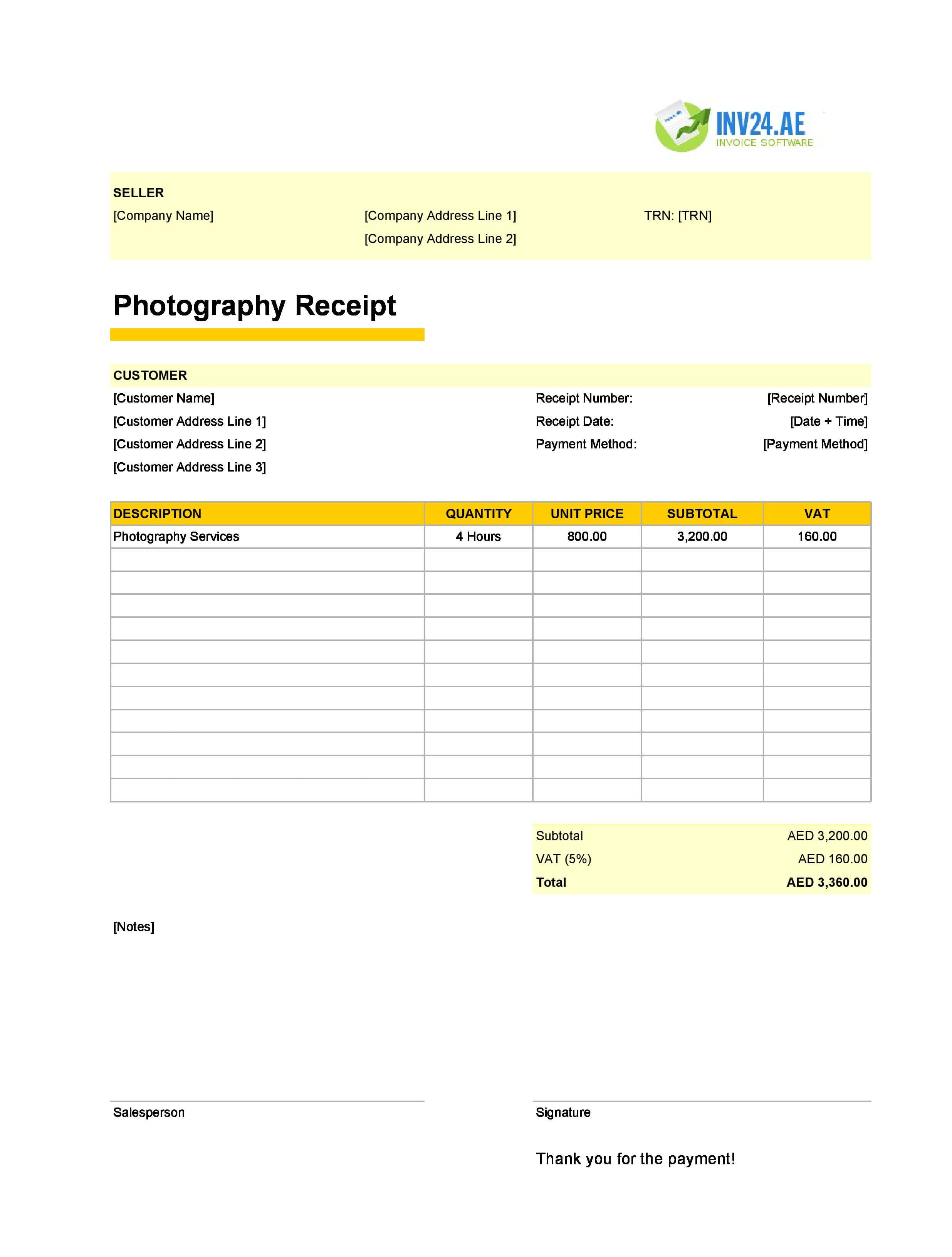 Photography Receipt Template for UAE (Excel / Google Sheets)