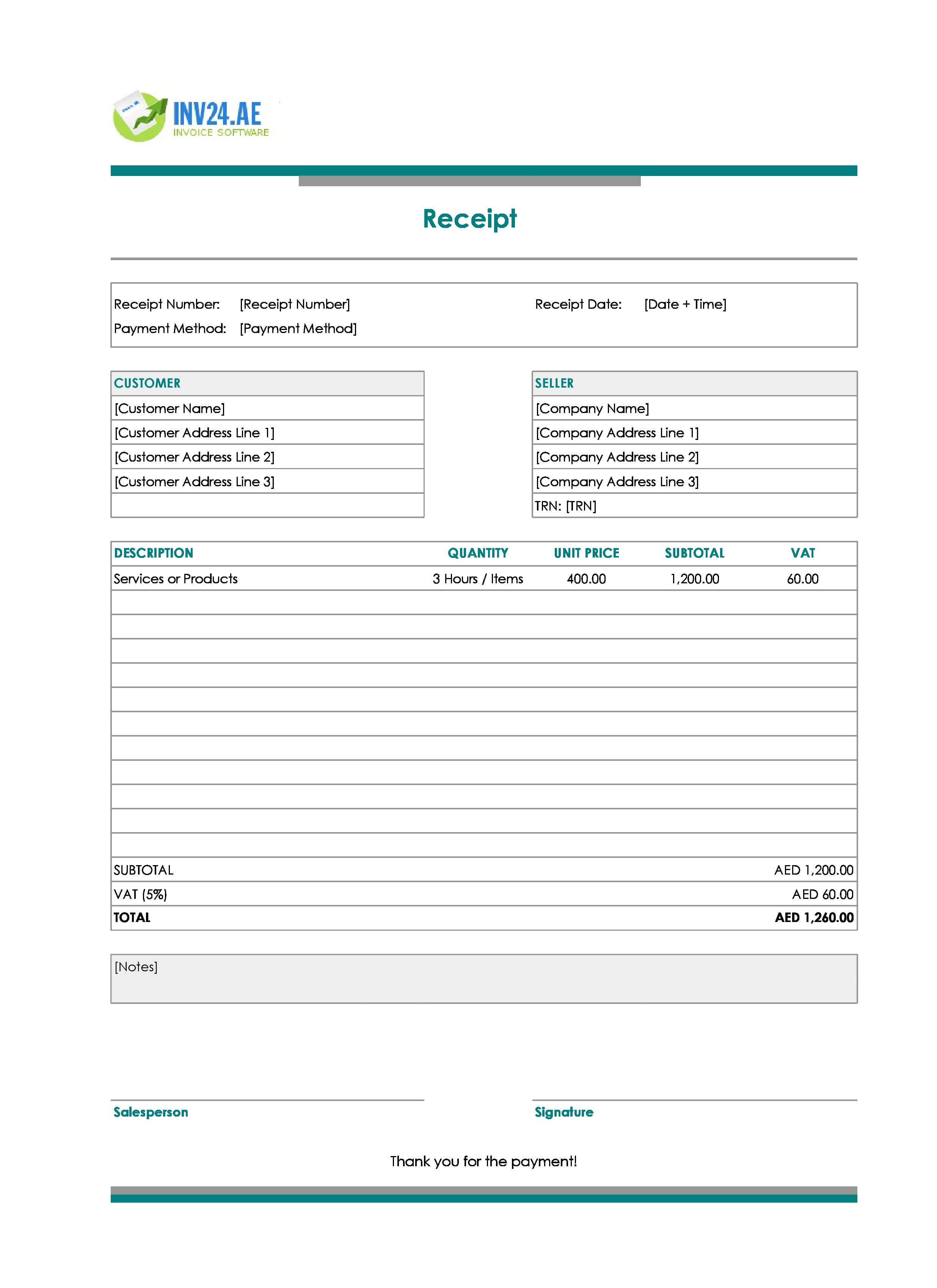 Printable Blank Receipt Template for UAE (Excel / Google Sheets)