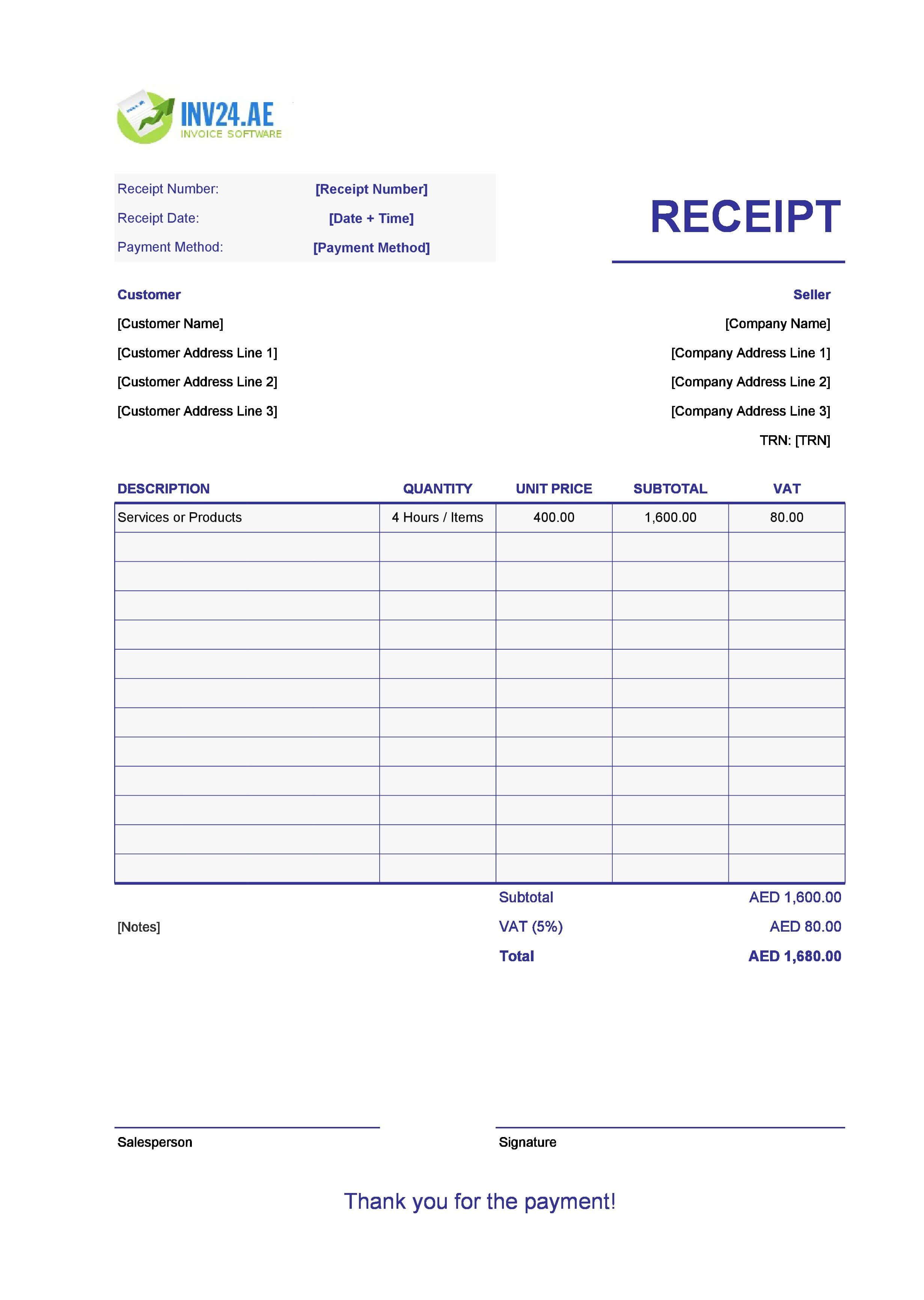 Printable Payment Receipt Template for UAE (Excel / Google Sheets)