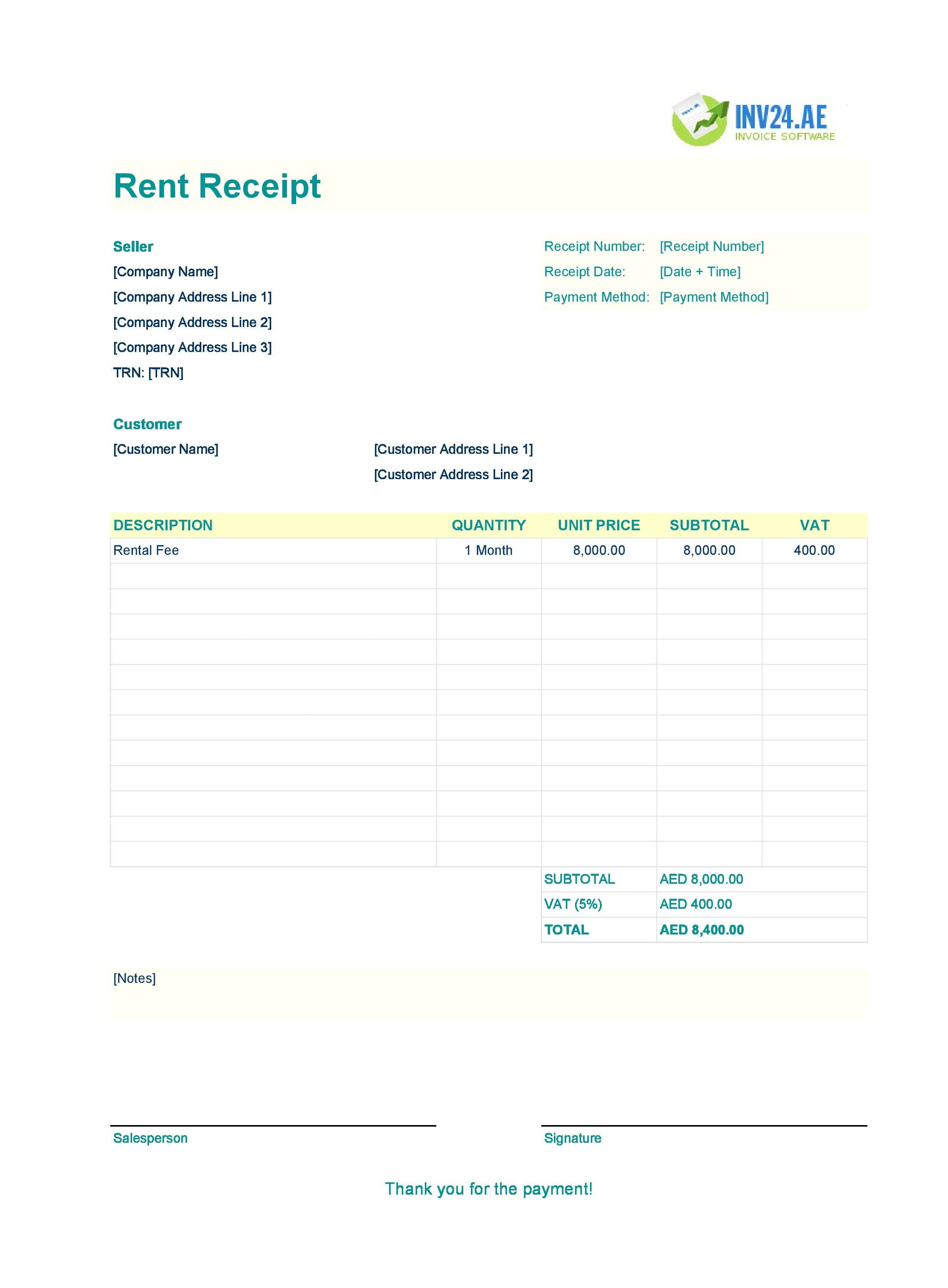 Printable Rent Receipt Template for UAE (Excel / Google Sheets)