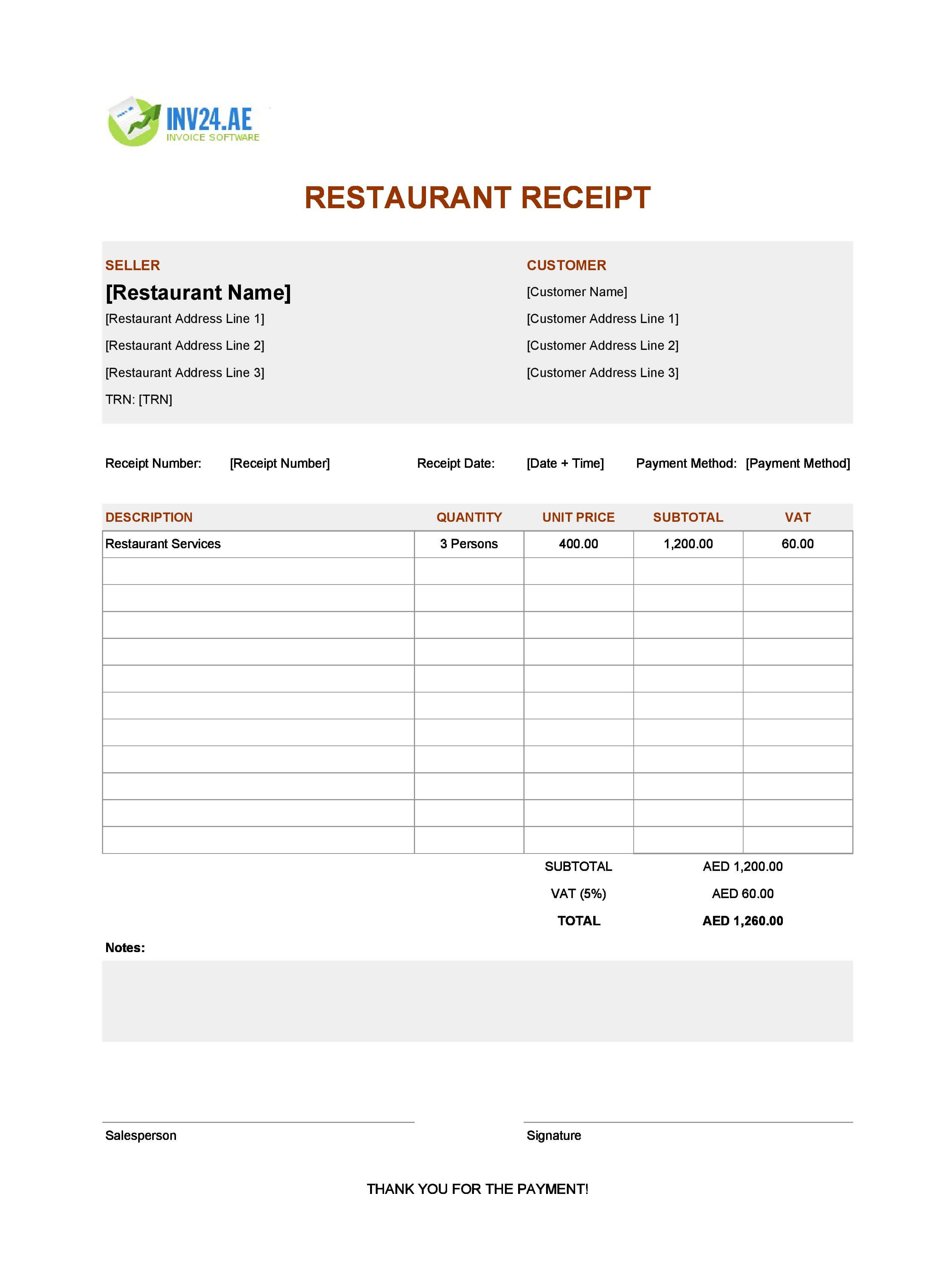Printable Restaurant Receipt Template for UAE (Excel / Google Sheets)