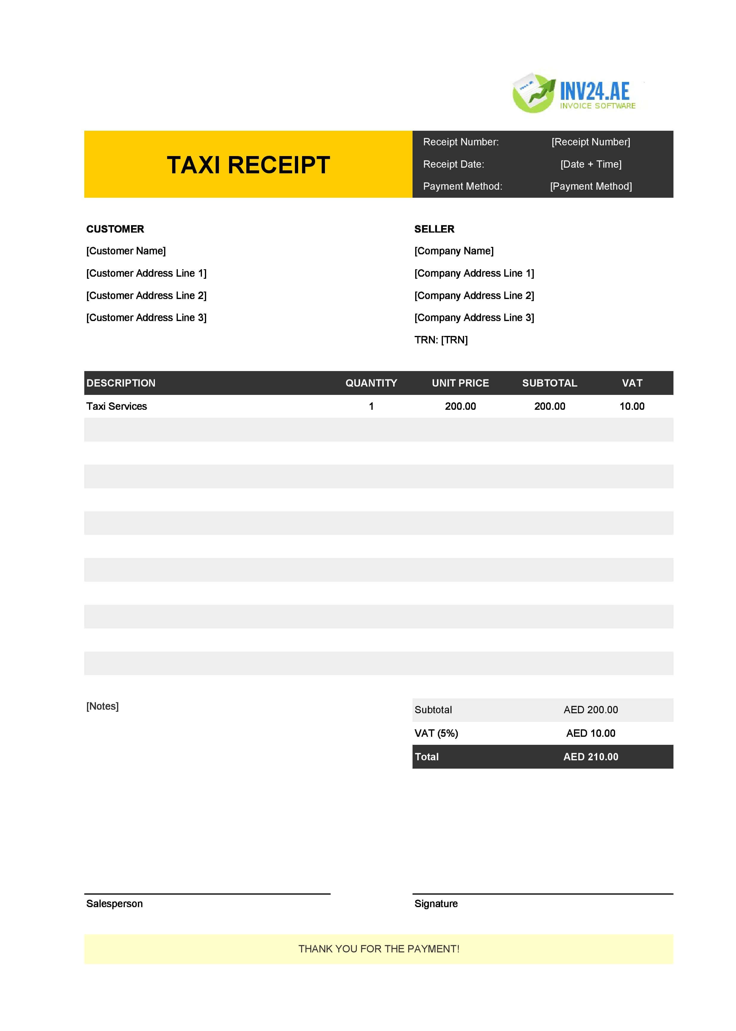 Printable Taxi Receipt Template for UAE (Excel / Google Sheets)