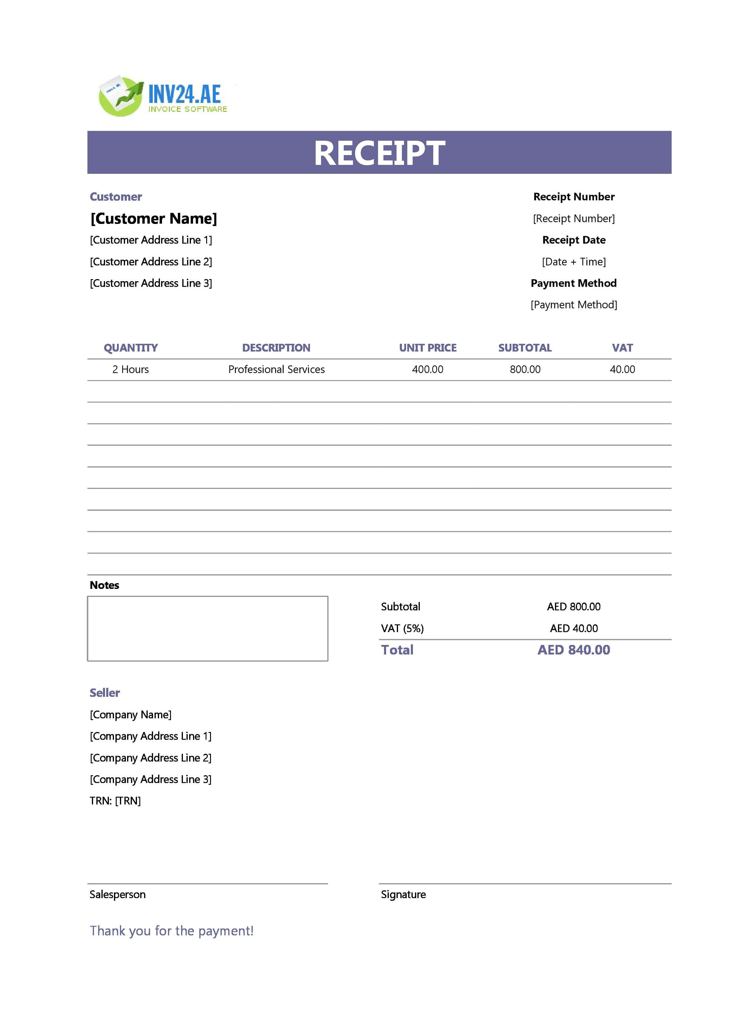 Professional Receipt Template for UAE (Excel / Google Sheets)