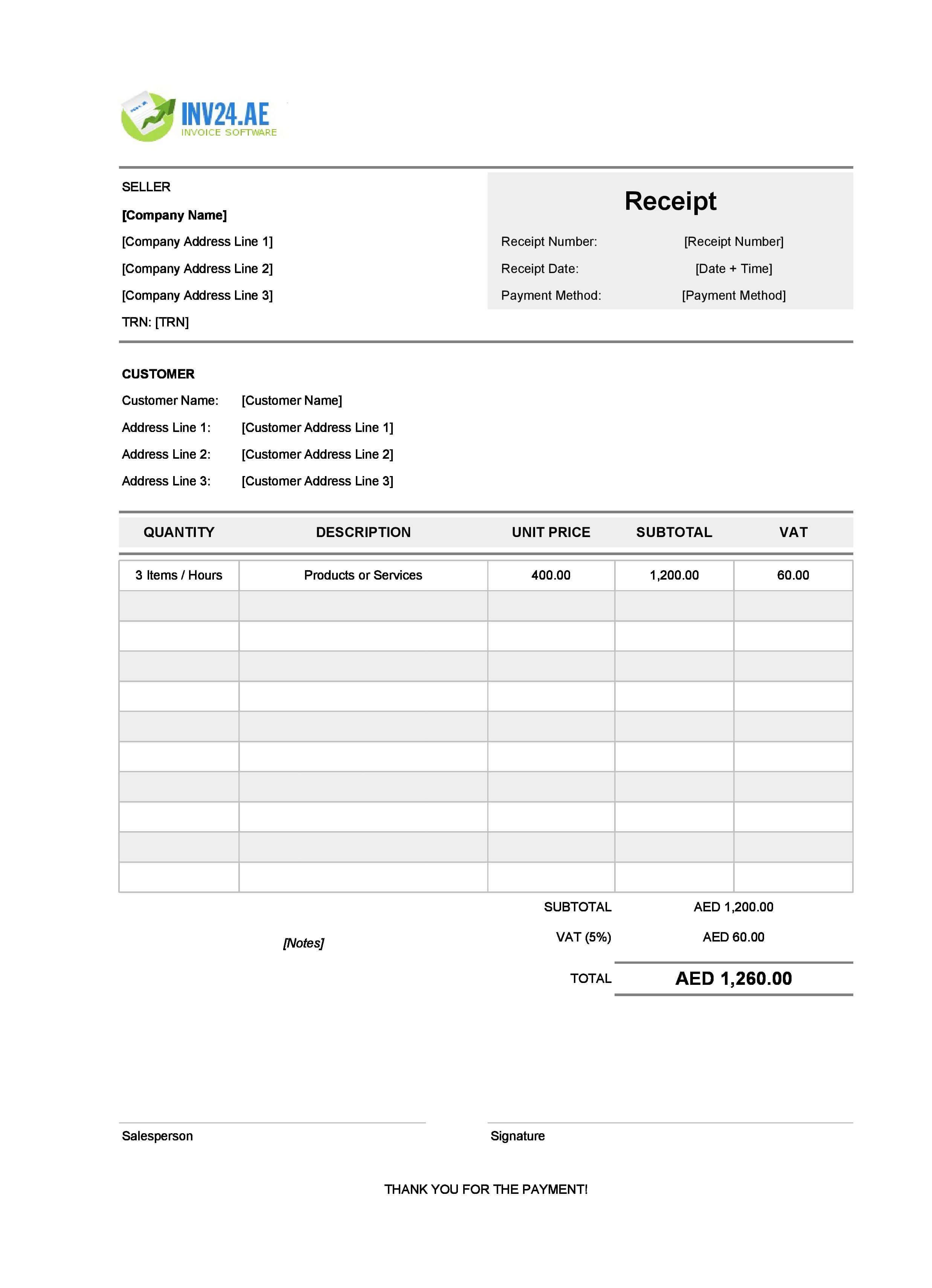 Proof of Payment Receipt Template for UAE (Excel / Google Sheets)