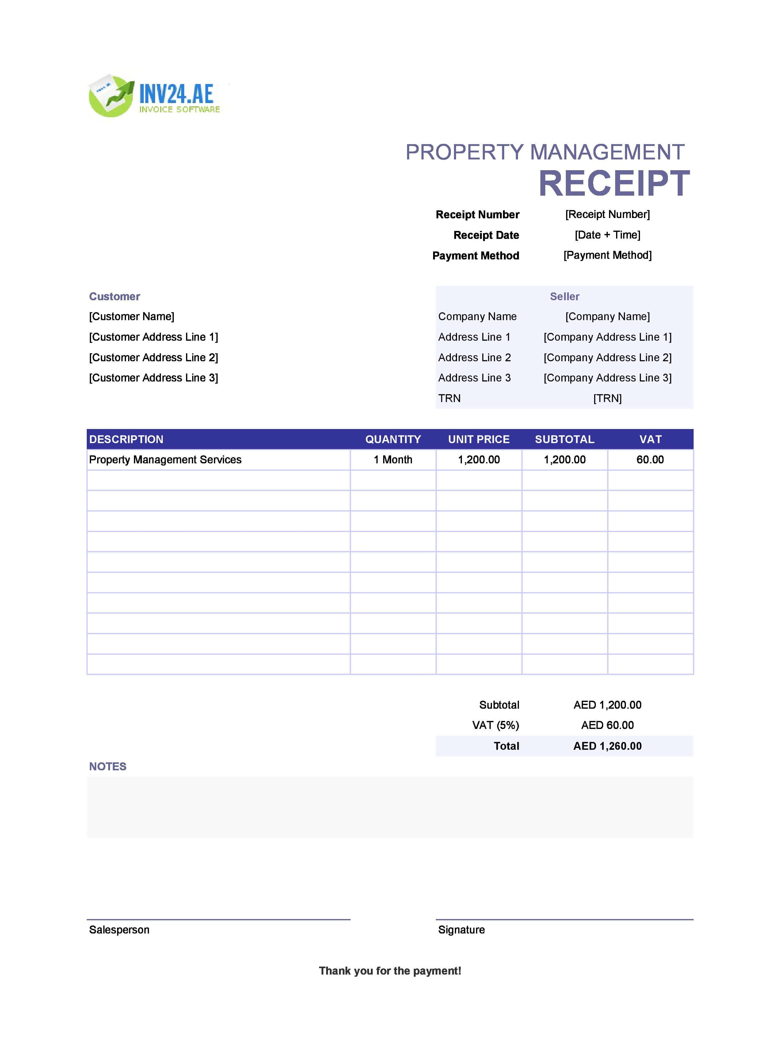 Property Management Receipt Template for UAE (Excel / Google Sheets)
