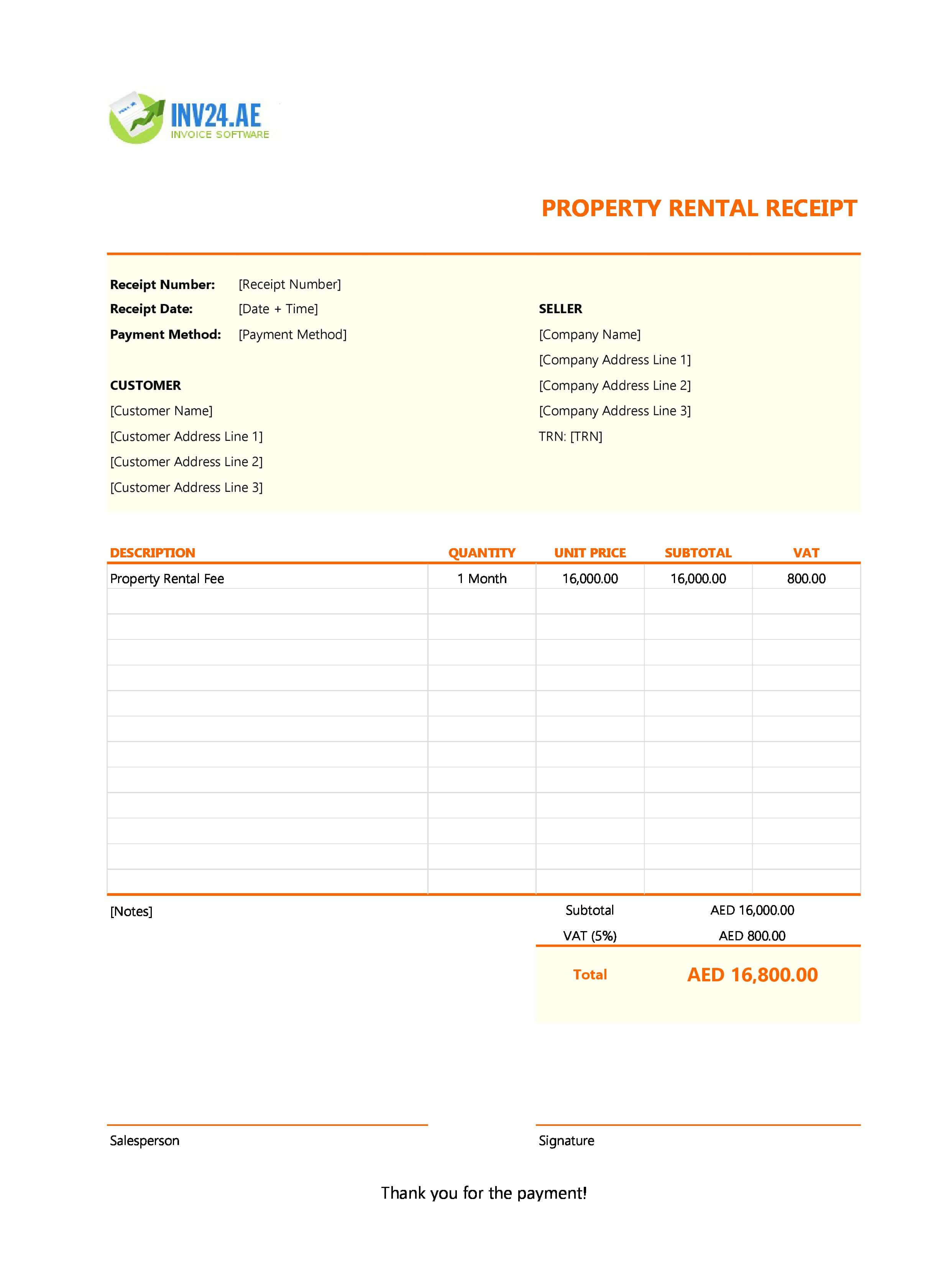 Property Rental Receipt Template for UAE (Excel / Google Sheets)