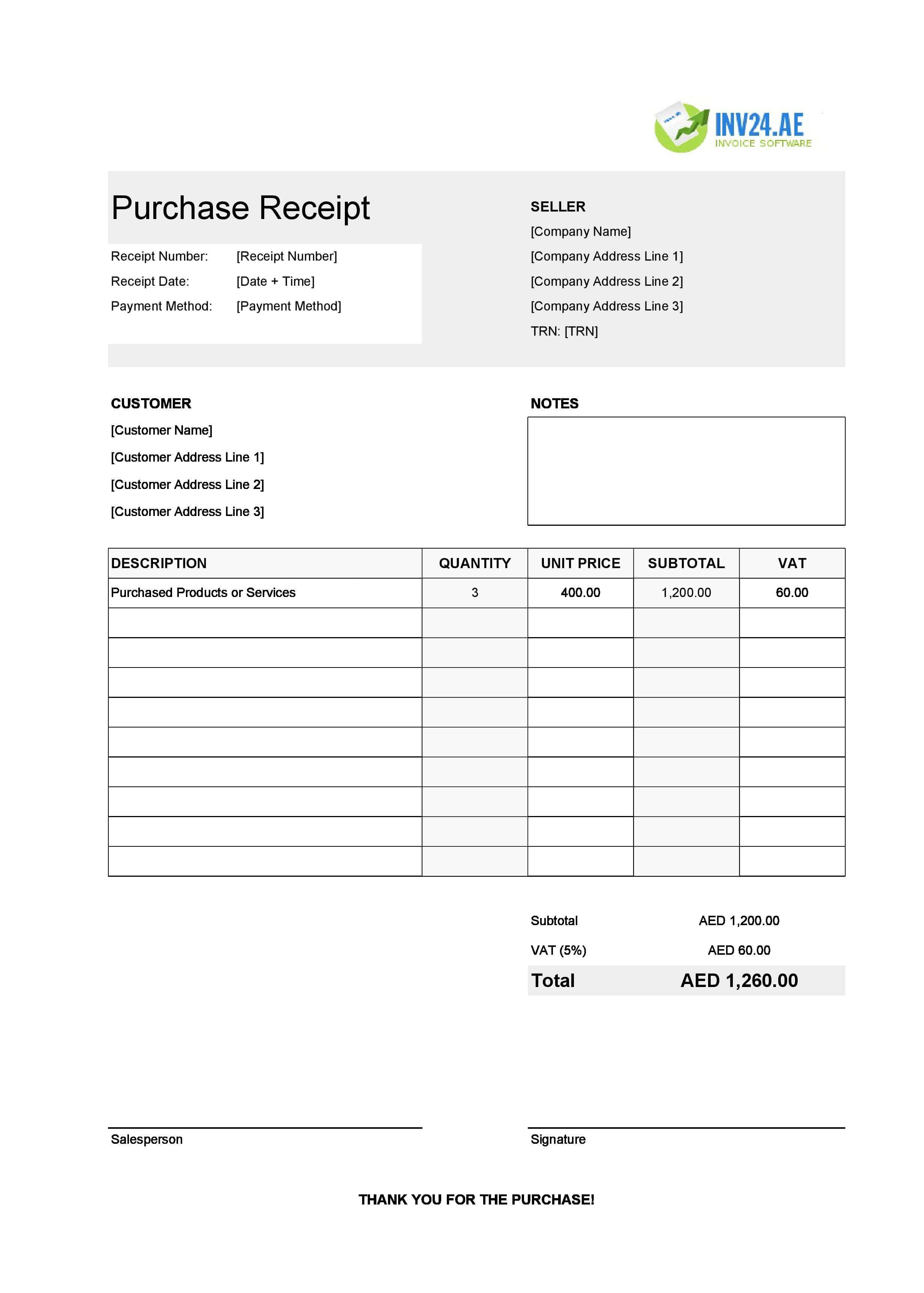Purchase Receipt Template for UAE (Excel / Google Sheets)
