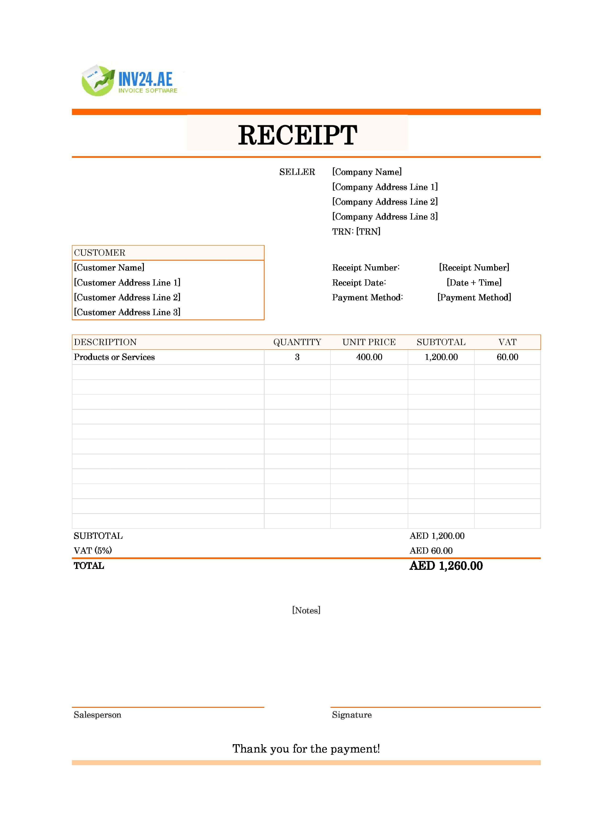 Receipt Format Template for UAE (Excel / Google Sheets)