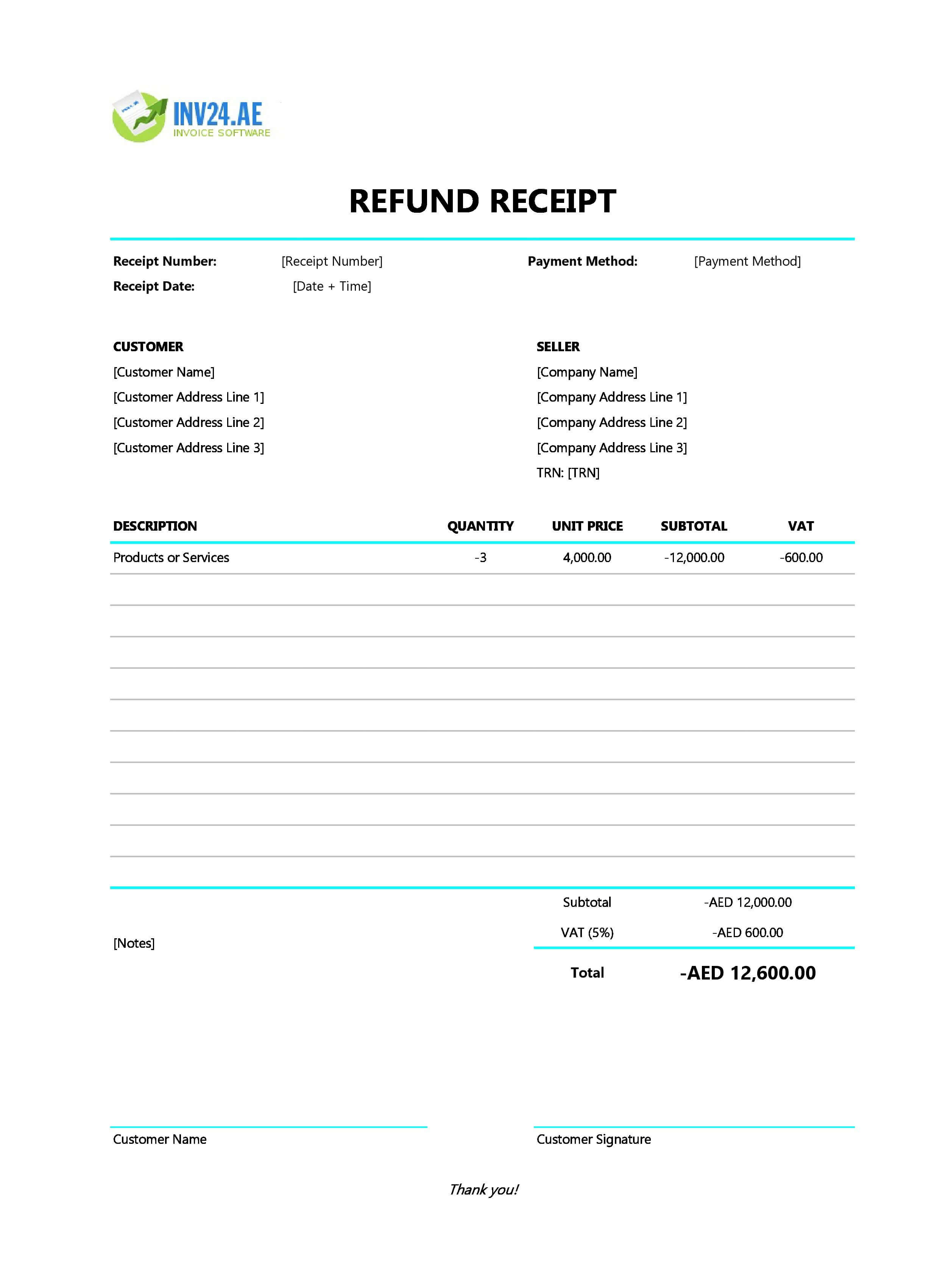 Refund Receipt Template for UAE (Excel / Google Sheets)