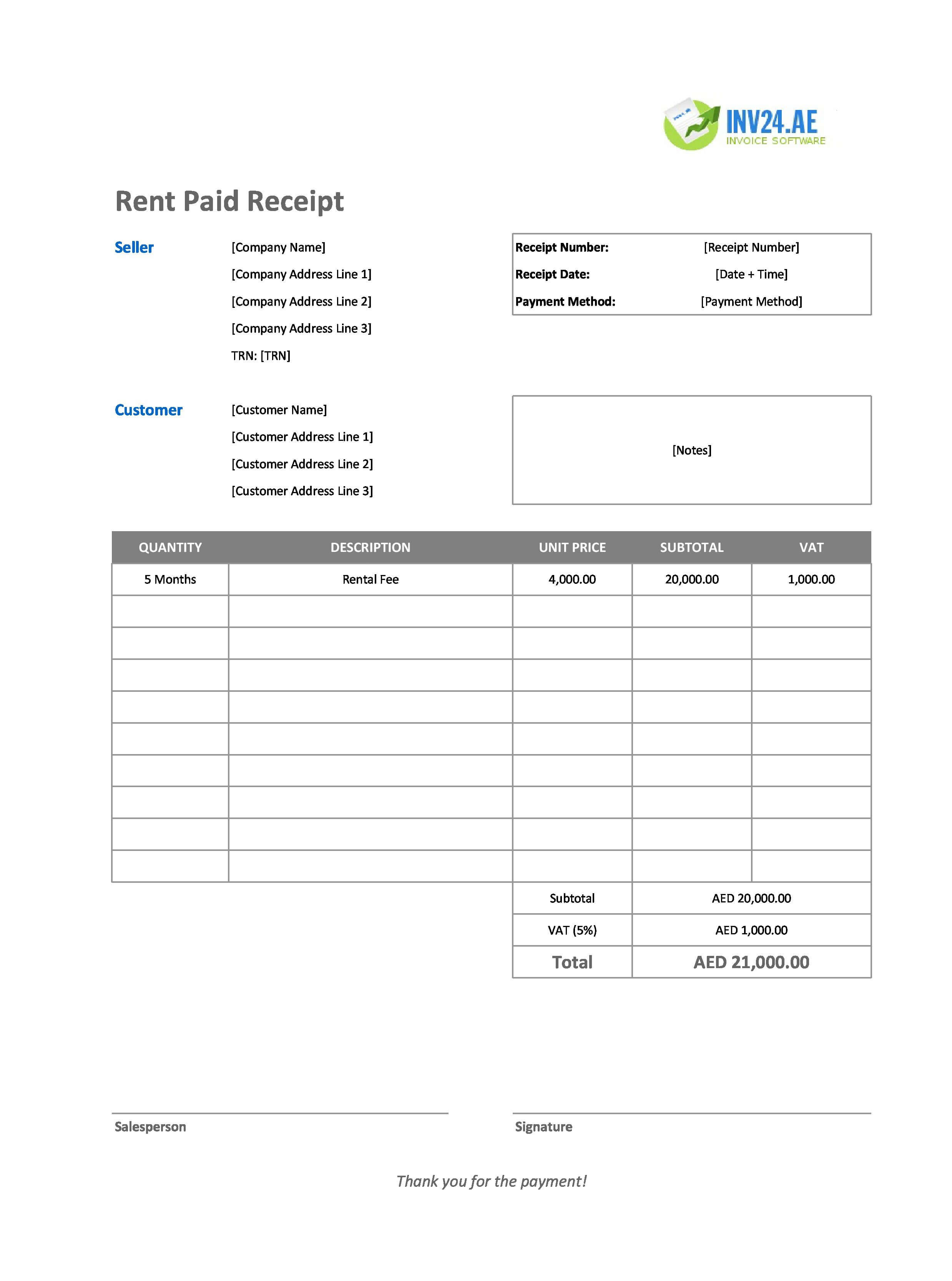 Rent Paid Receipt Template for UAE (Excel / Google Sheets)