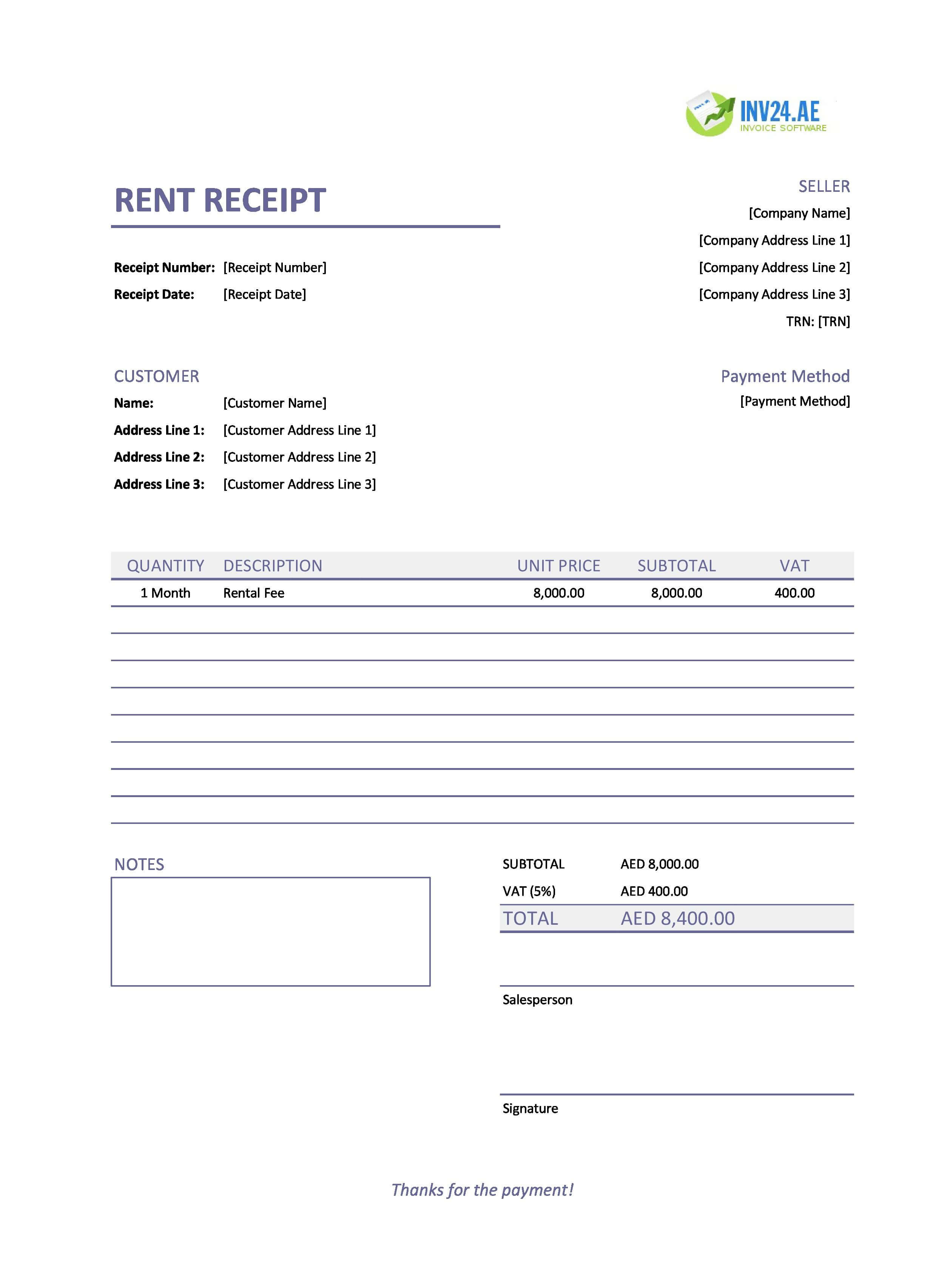 Rent Receipt Template for UAE (Excel / Google Sheets)