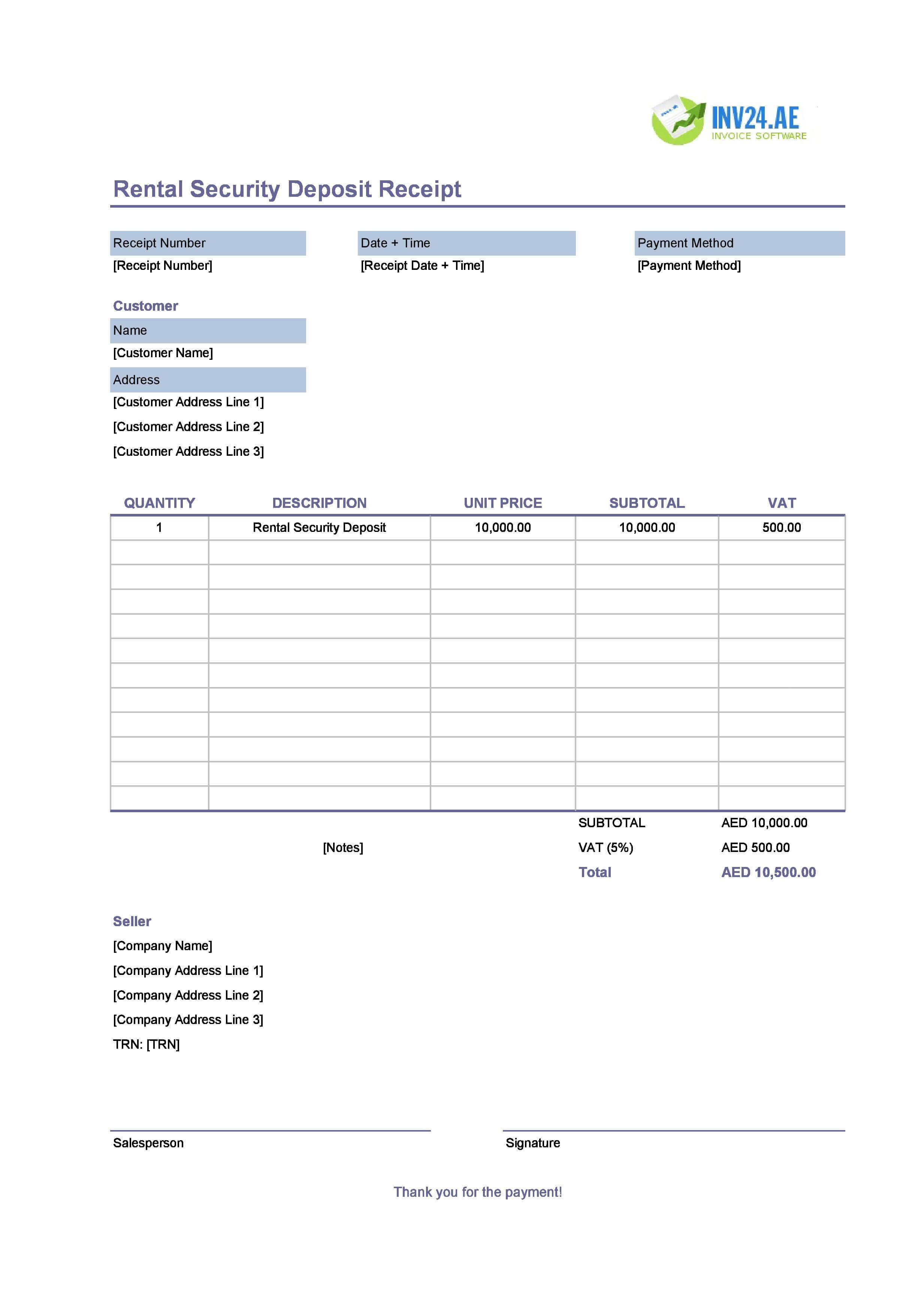 Rental Security Deposit Receipt Template for UAE (Excel / Google Sheets)