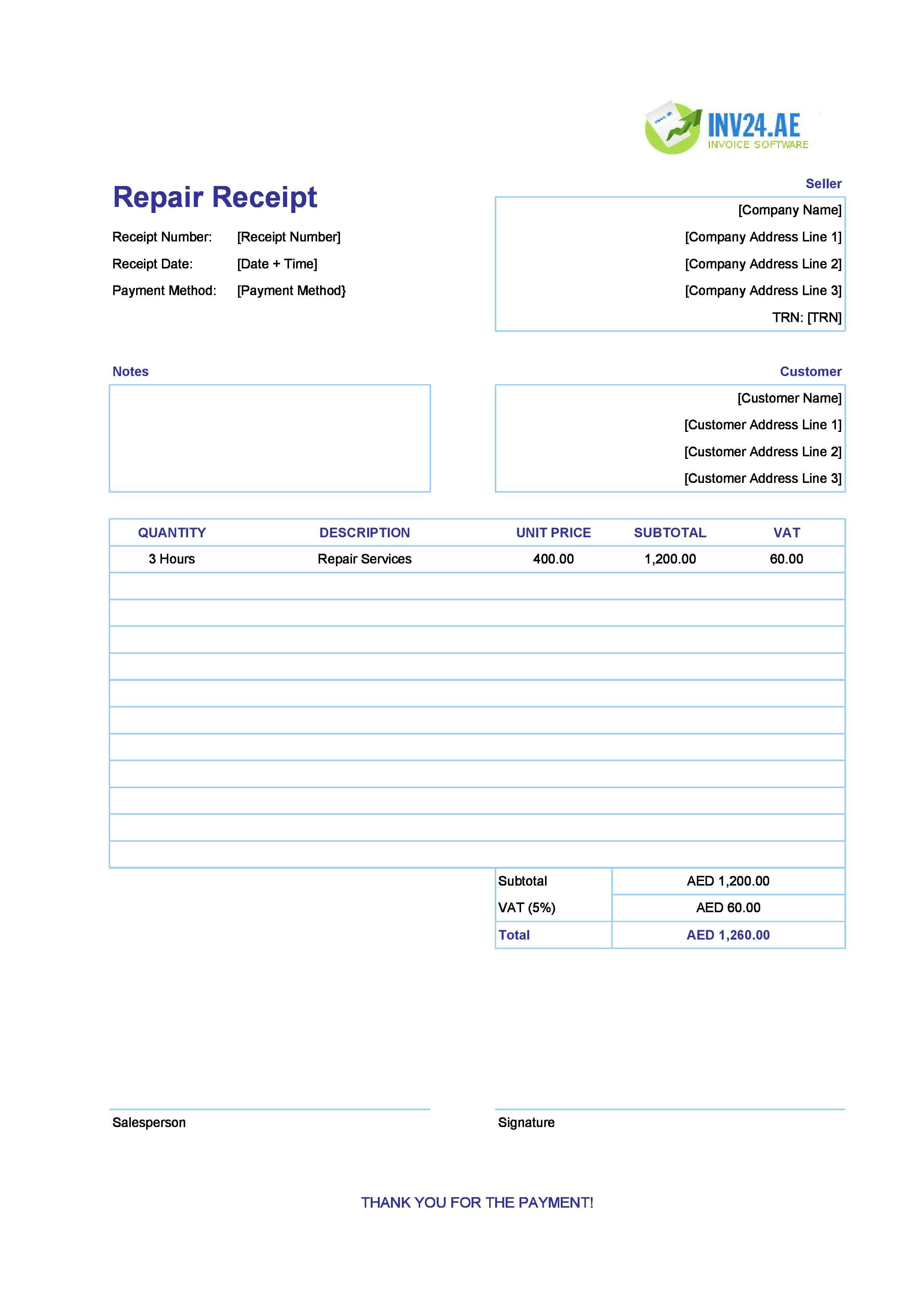 Repair Receipt Template for UAE (Excel / Google Sheets)