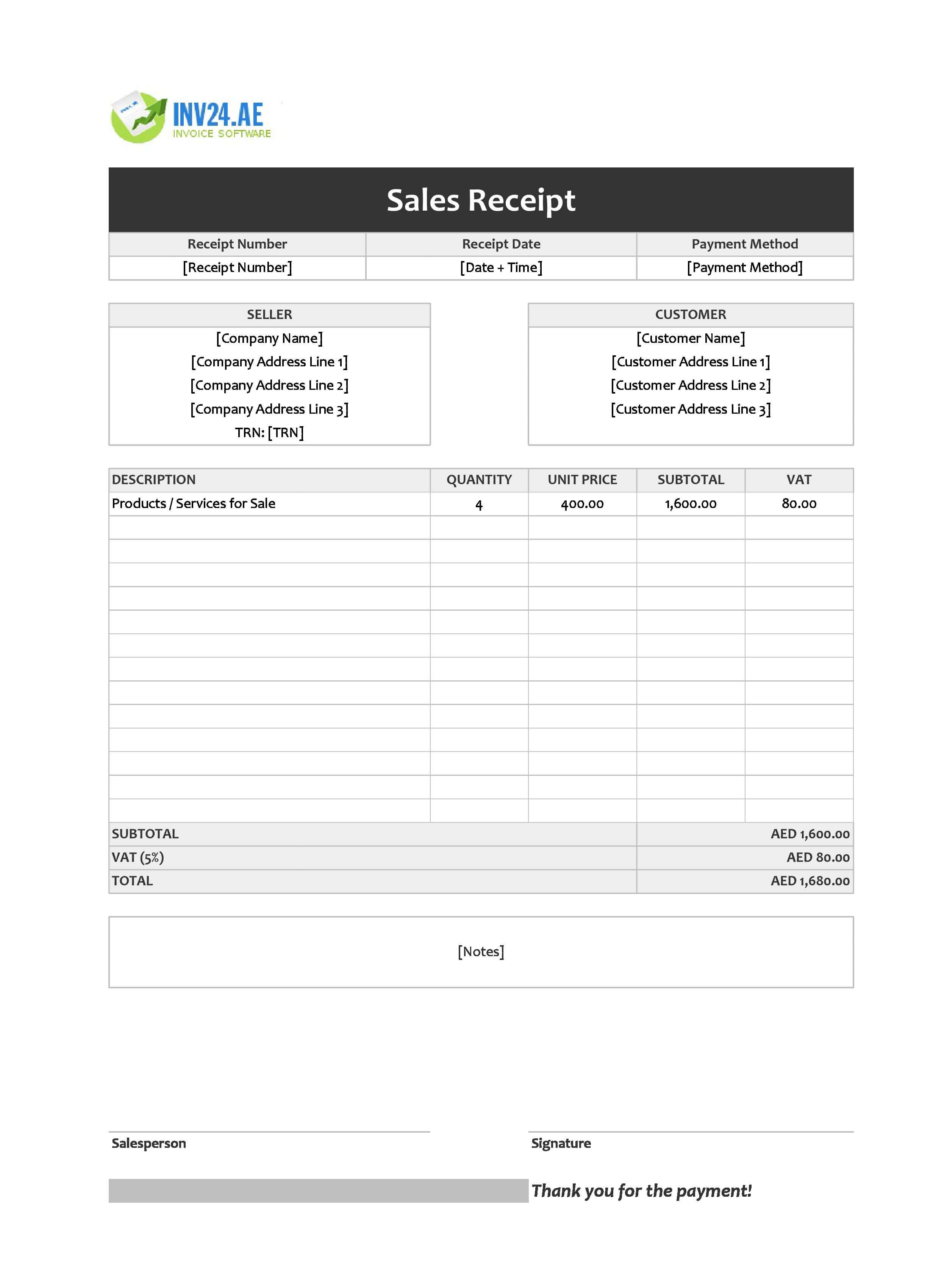 Sales Receipt Template for UAE (Excel / Google Sheets)