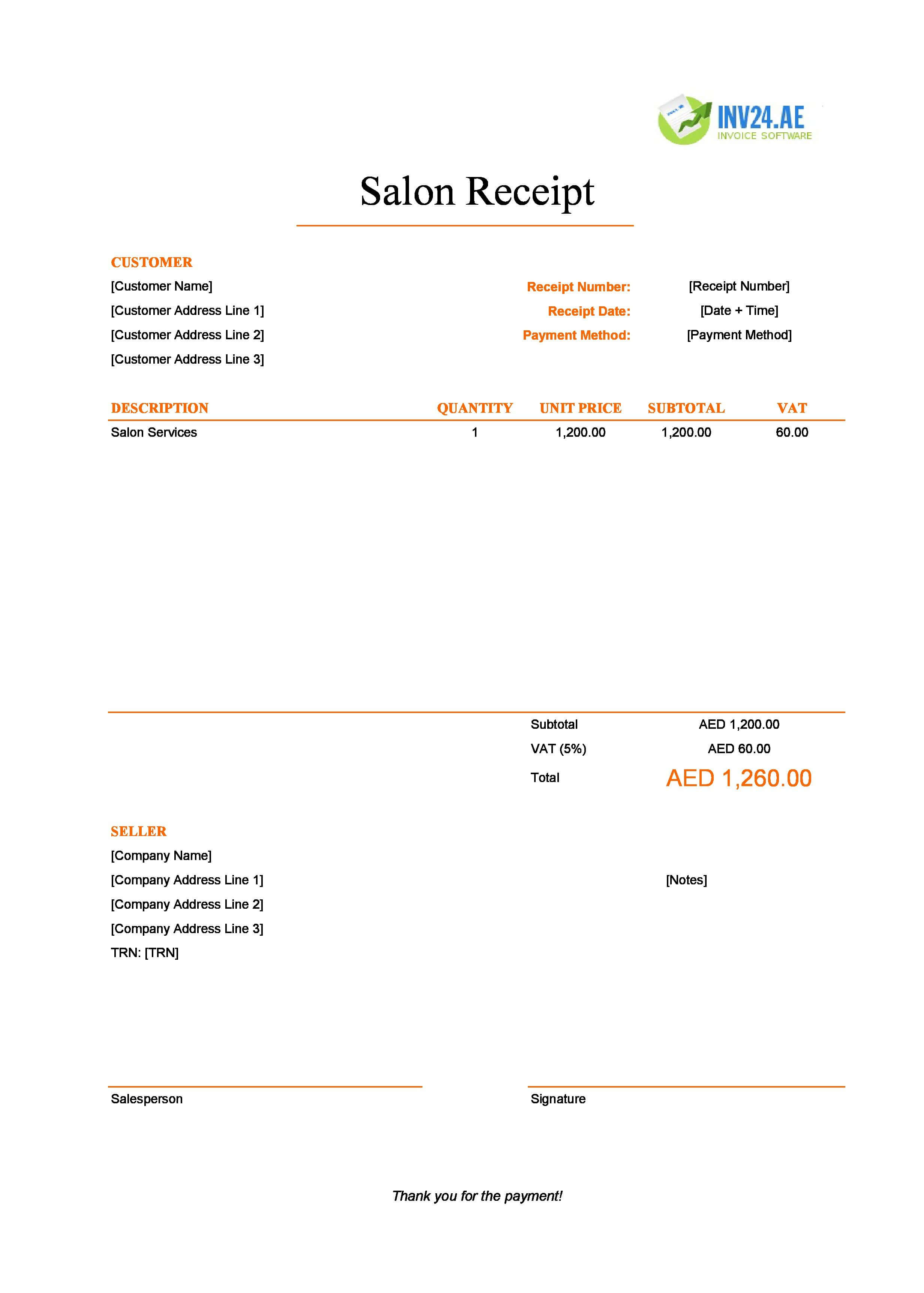 Salon Receipt Template for UAE (Excel / Google Sheets)
