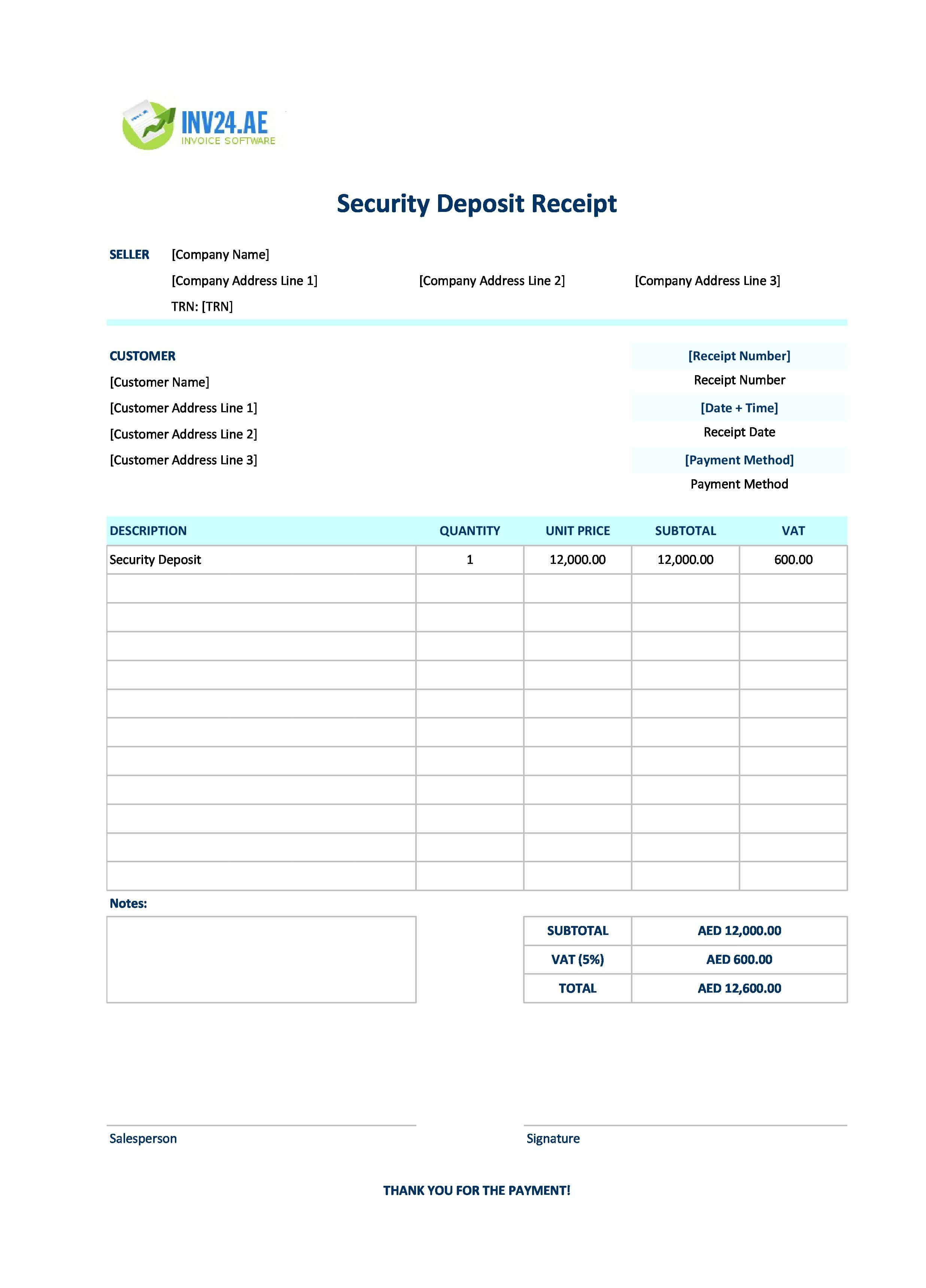Security Deposit Receipt Template for UAE (Excel / Google Sheets)